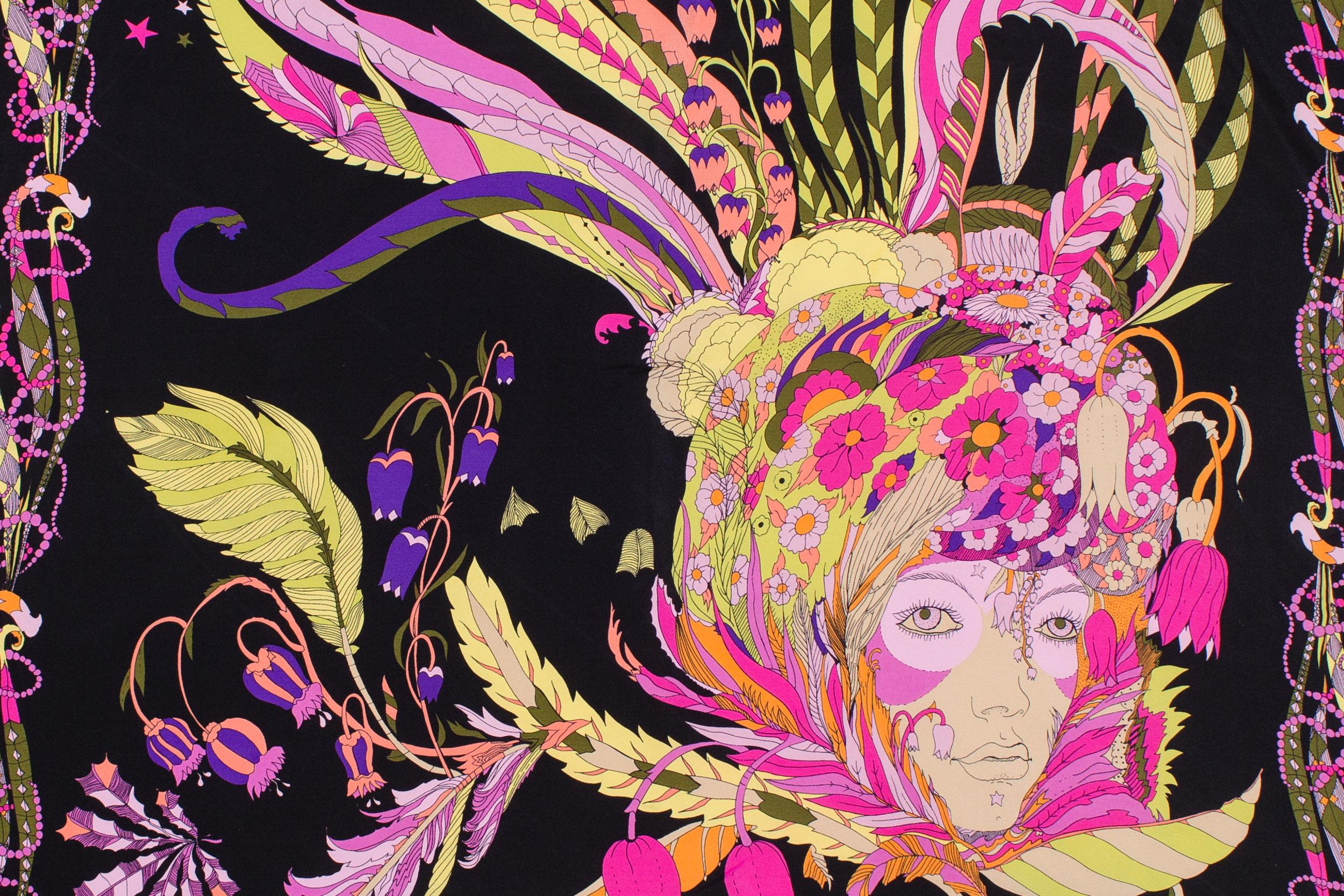 Black 1970s Bellotti Psychedelic Floral Silk Scarf