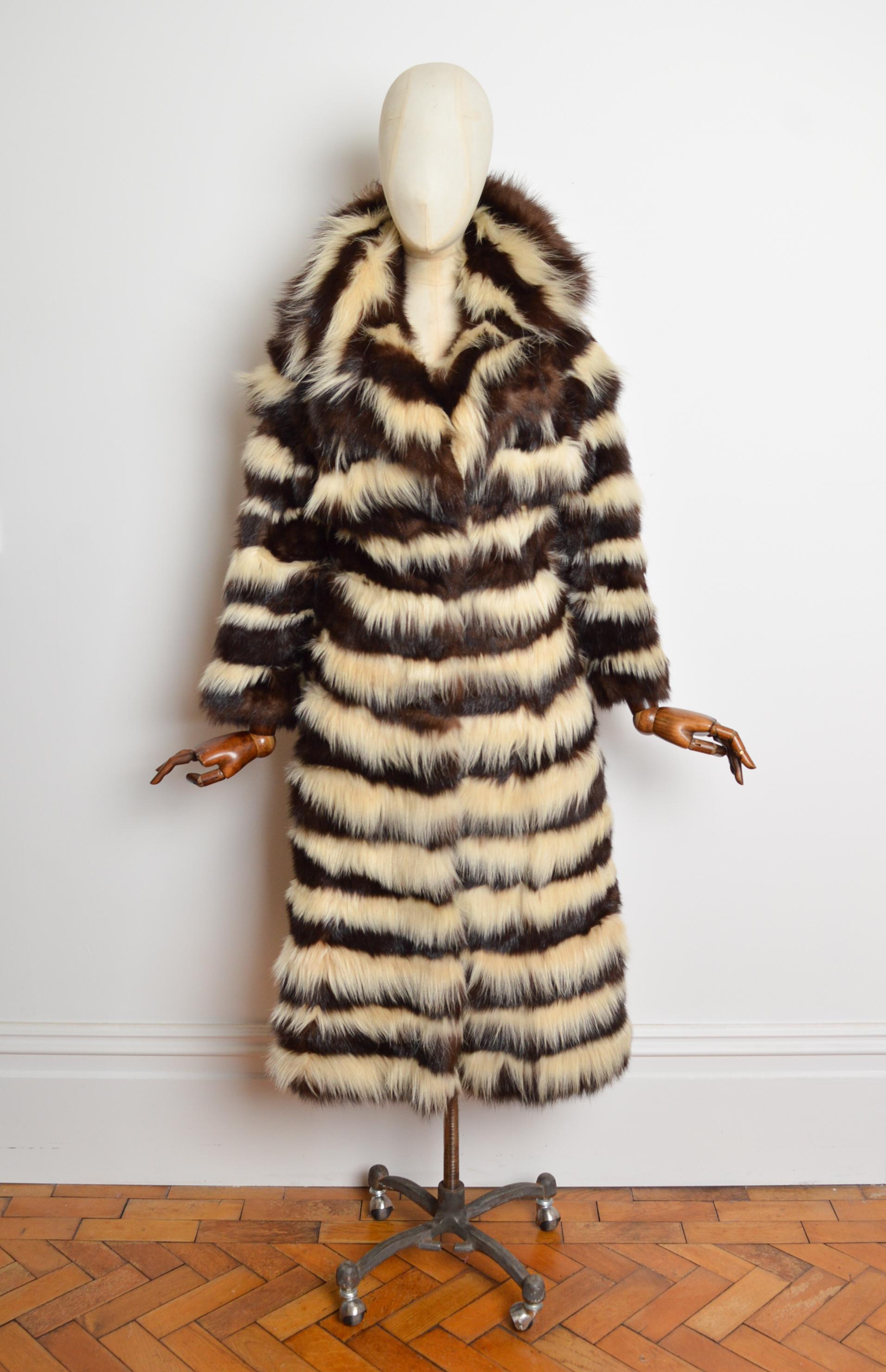 1970's BEN KAHN Abrigo largo a rayas marrón blanco - Chaqueta de piel auténtica en venta 5