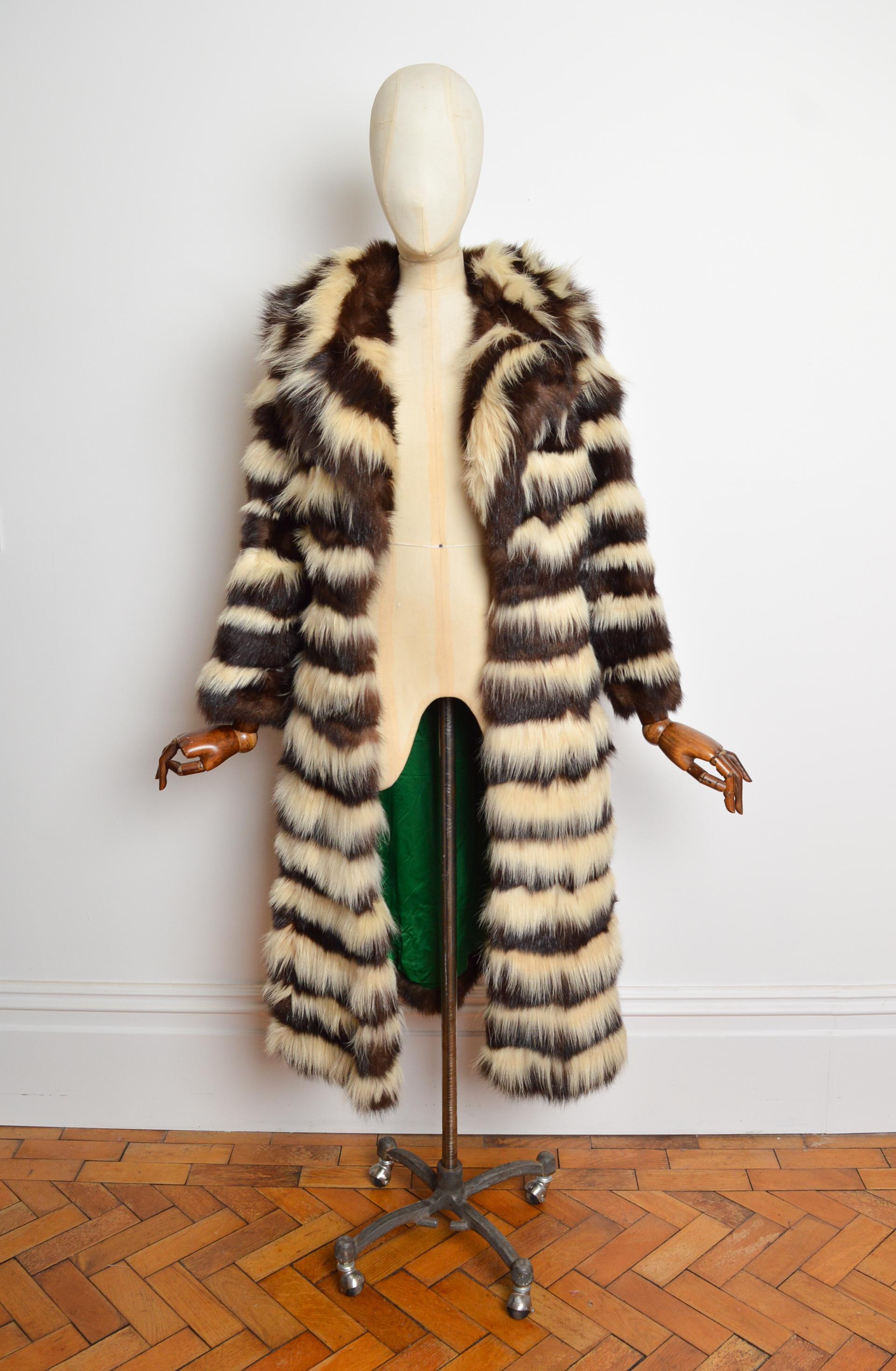 1970's BEN KAHN Abrigo largo a rayas marrón blanco - Chaqueta de piel auténtica Beige en venta