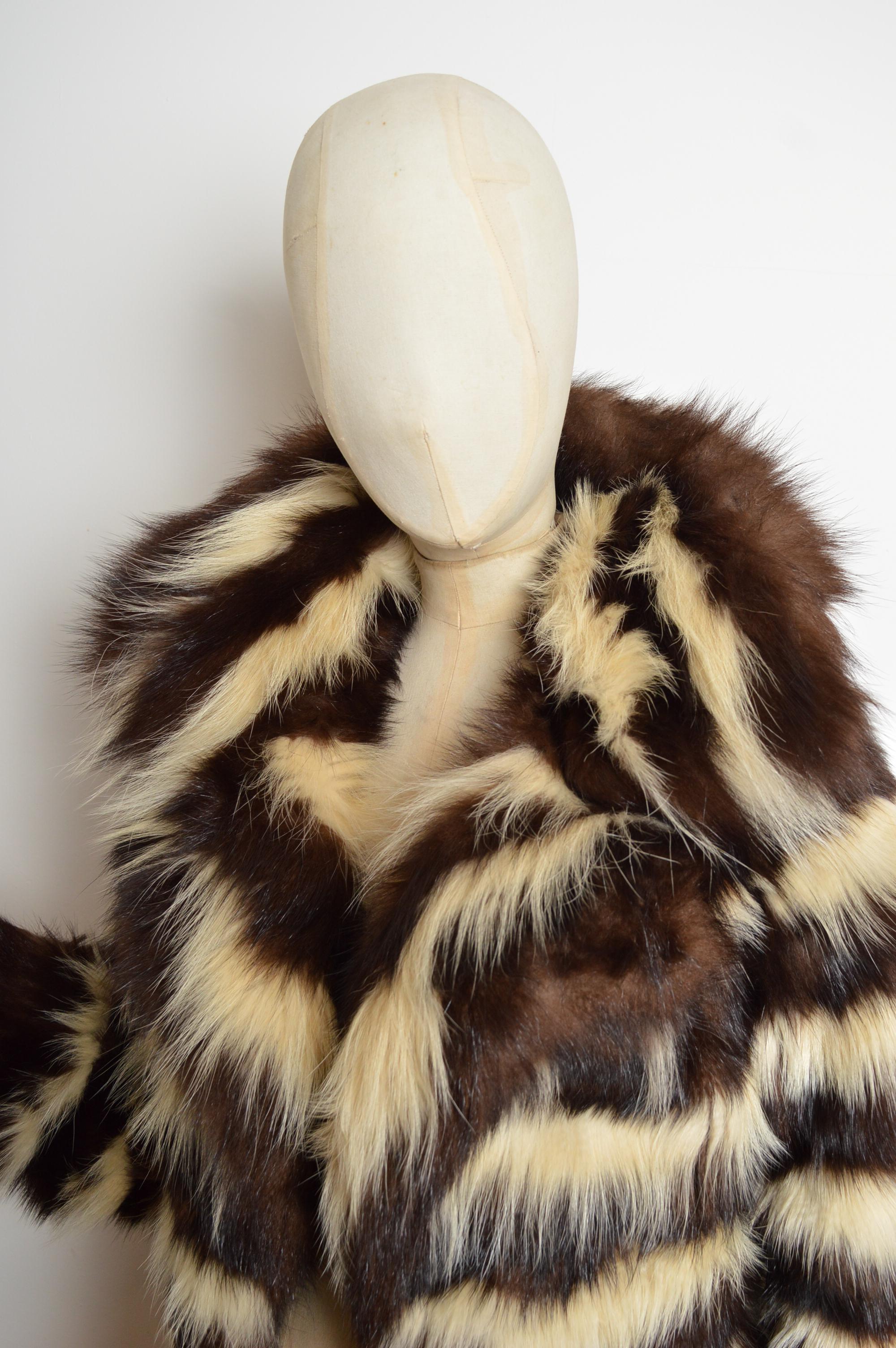 De las mujeres 1970's BEN KAHN Abrigo largo a rayas marrón blanco - Chaqueta de piel auténtica en venta