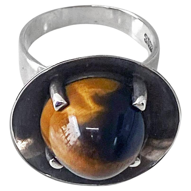 1970's Bengt Hallberg Modernist Swedish Silver Tigers Eye Ring For Sale