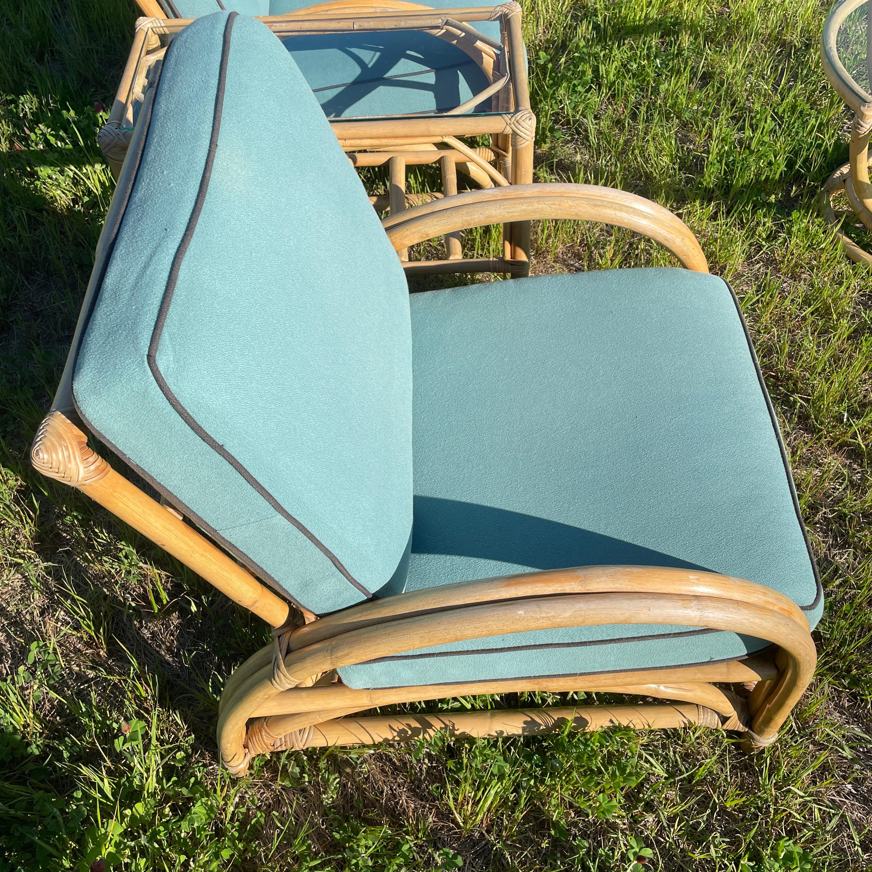 Mid-Century Modern 1970s Bentwood Bamboo Patio Furniture, Pair of Lounge Chairs and Table Set of 4 For Sale