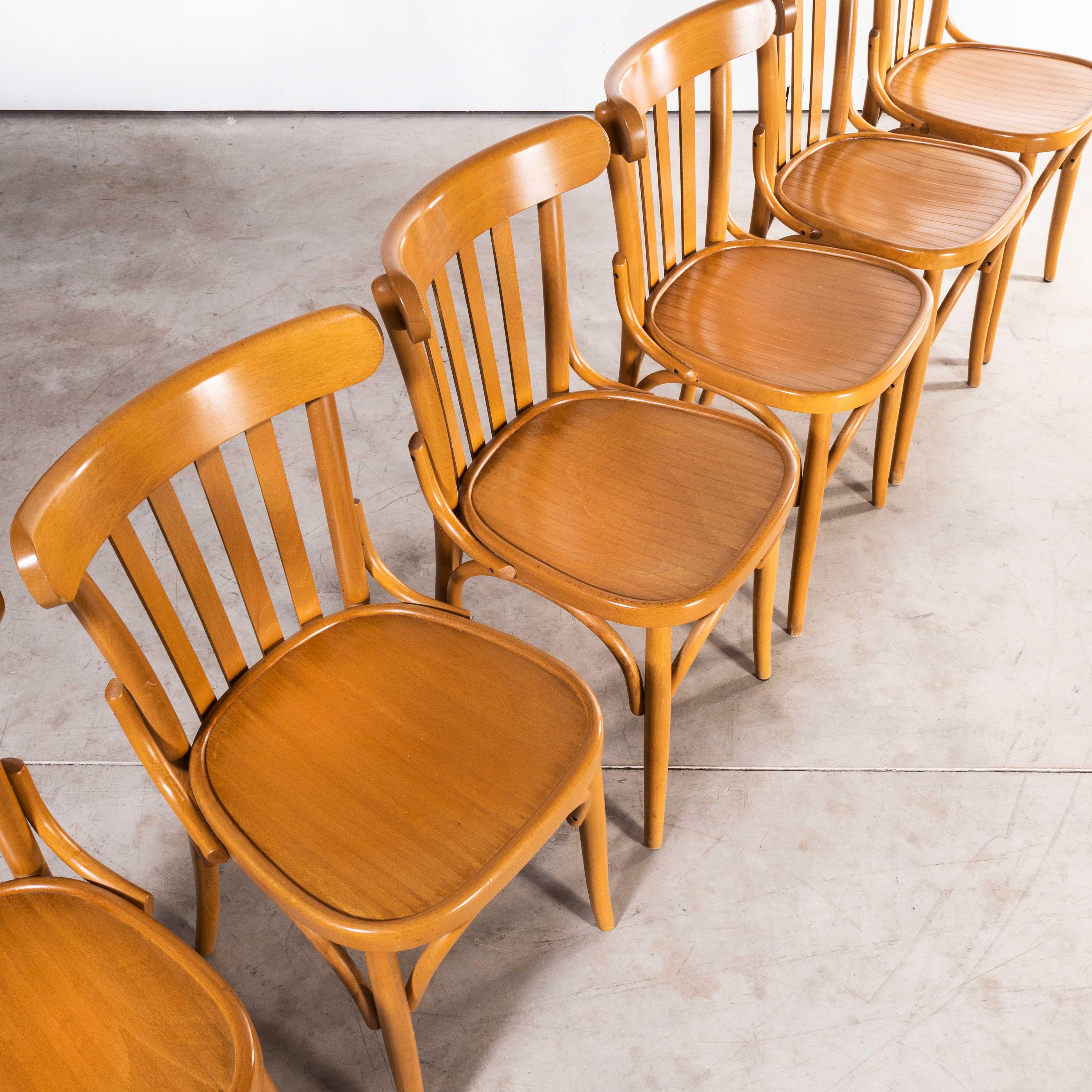 Late 20th Century 1970's Bentwood Honey Beech Striped Seat Bentwood Dining Chairs, Set of Six For Sale