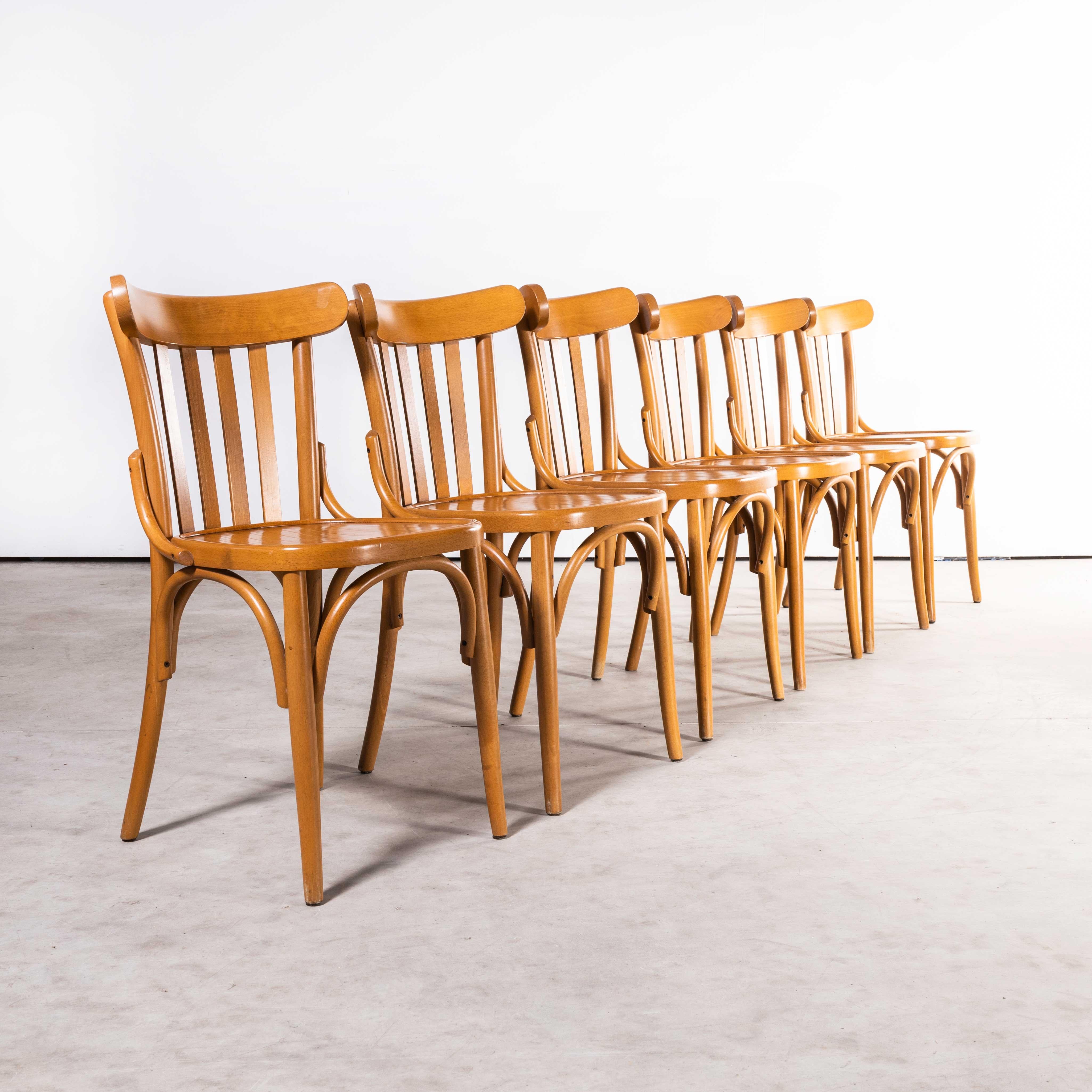 1970's Bentwood Honey Beech Striped Seat Bentwood Dining Chairs, Set of Six For Sale 1