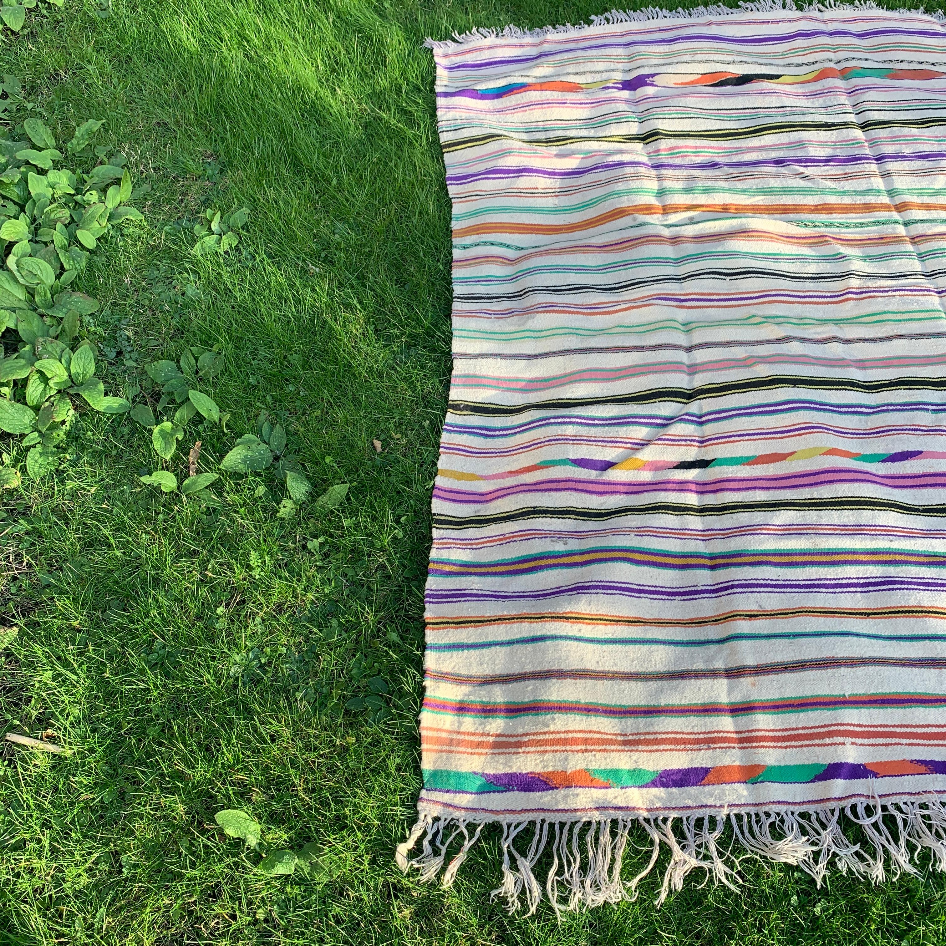 Hand-Woven 1970s Berber Rug Multicolour Stripped Handmade Wool Vintage African 196x196cm For Sale