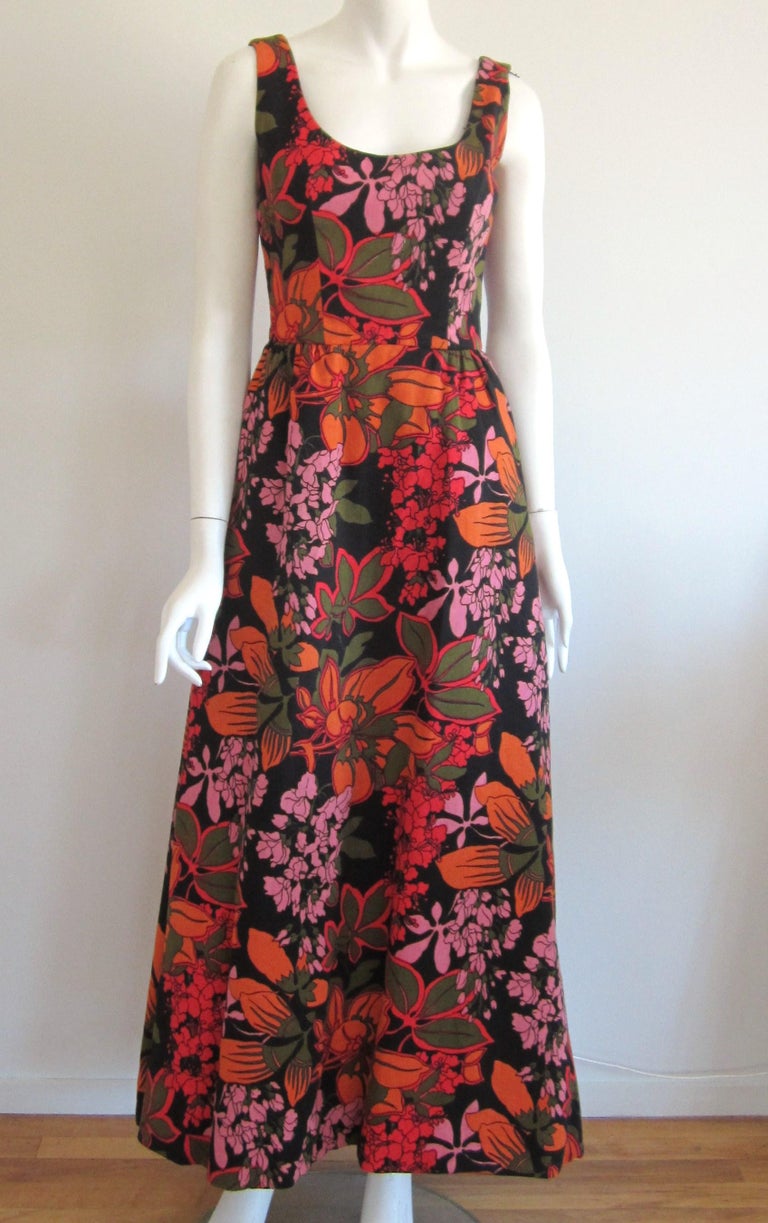 1970s Bergdorf Goodman Floral Maxi Dress Orange and Red For Sale at 1stdibs