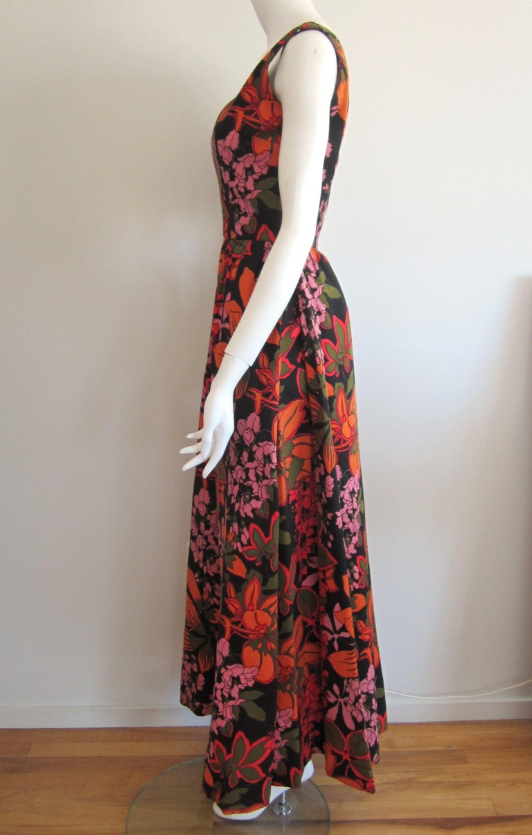 1970s Bergdorf Goodman Floral Maxi Dress Orange and Red For Sale at 1stdibs