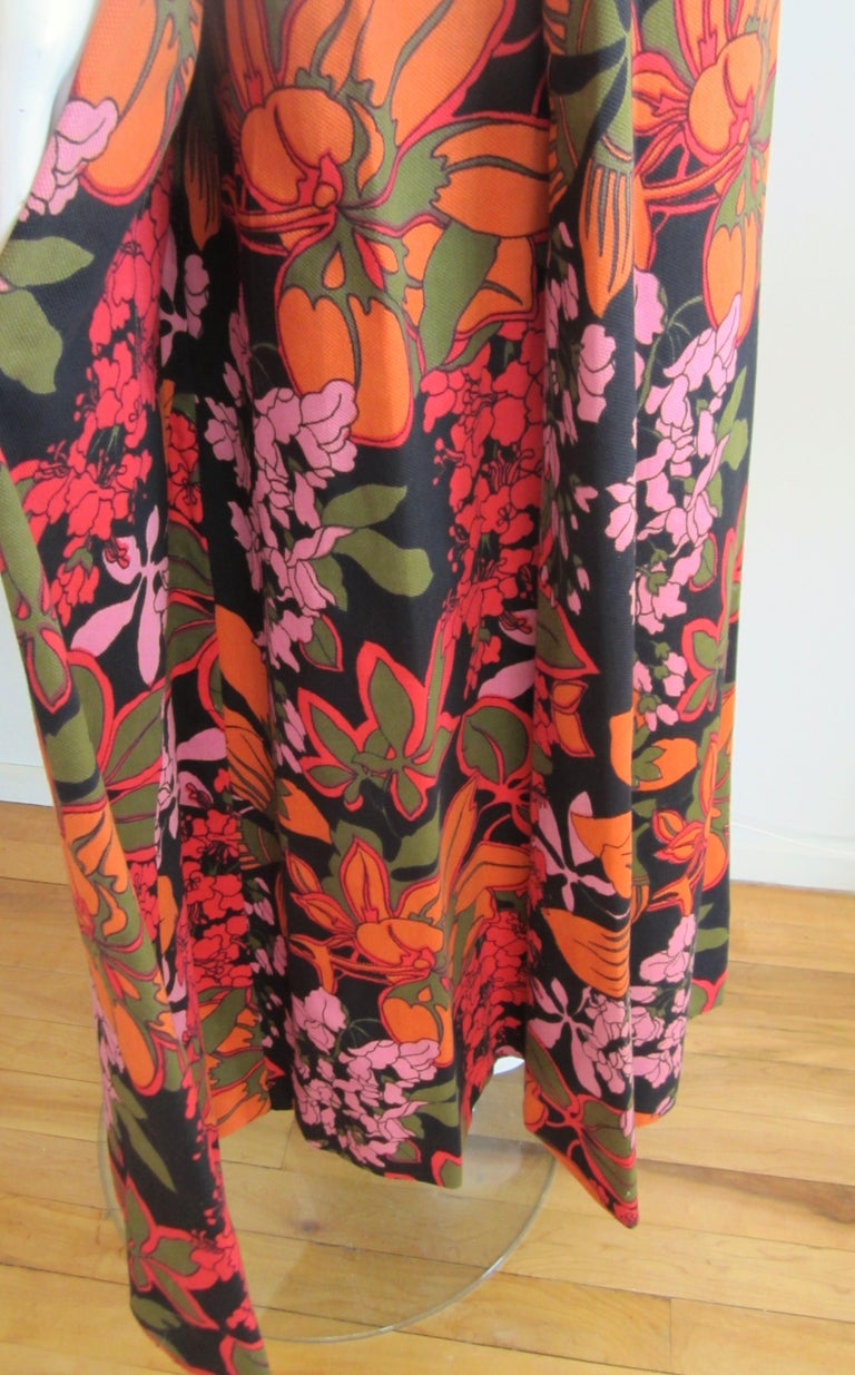 1970s Maxi Dress Bergdorf Goodman Floral Orange and Red For Sale at 1stDibs