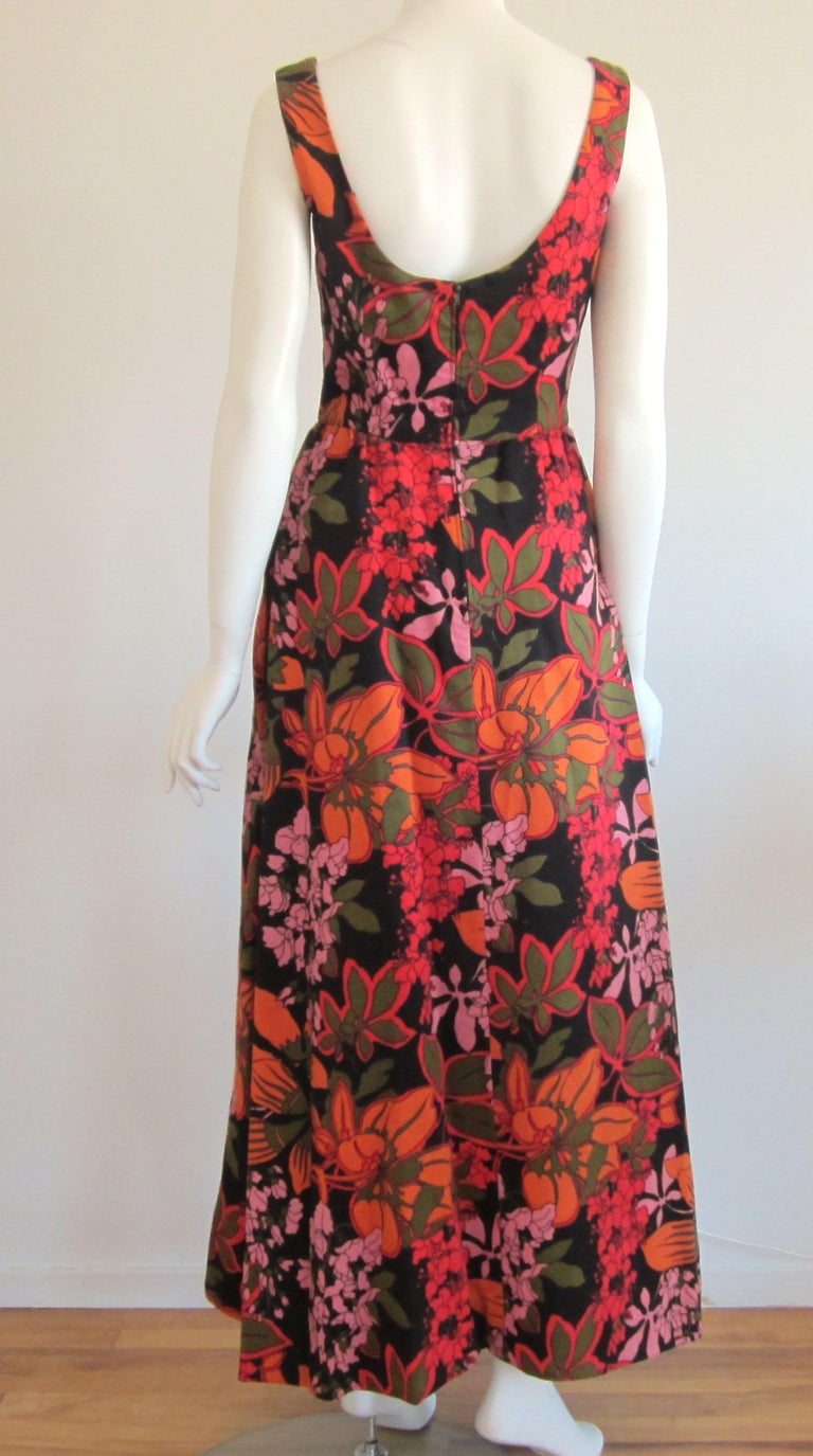 1970s Maxi Dress Bergdorf Goodman Floral Orange and Red For Sale at 1stDibs