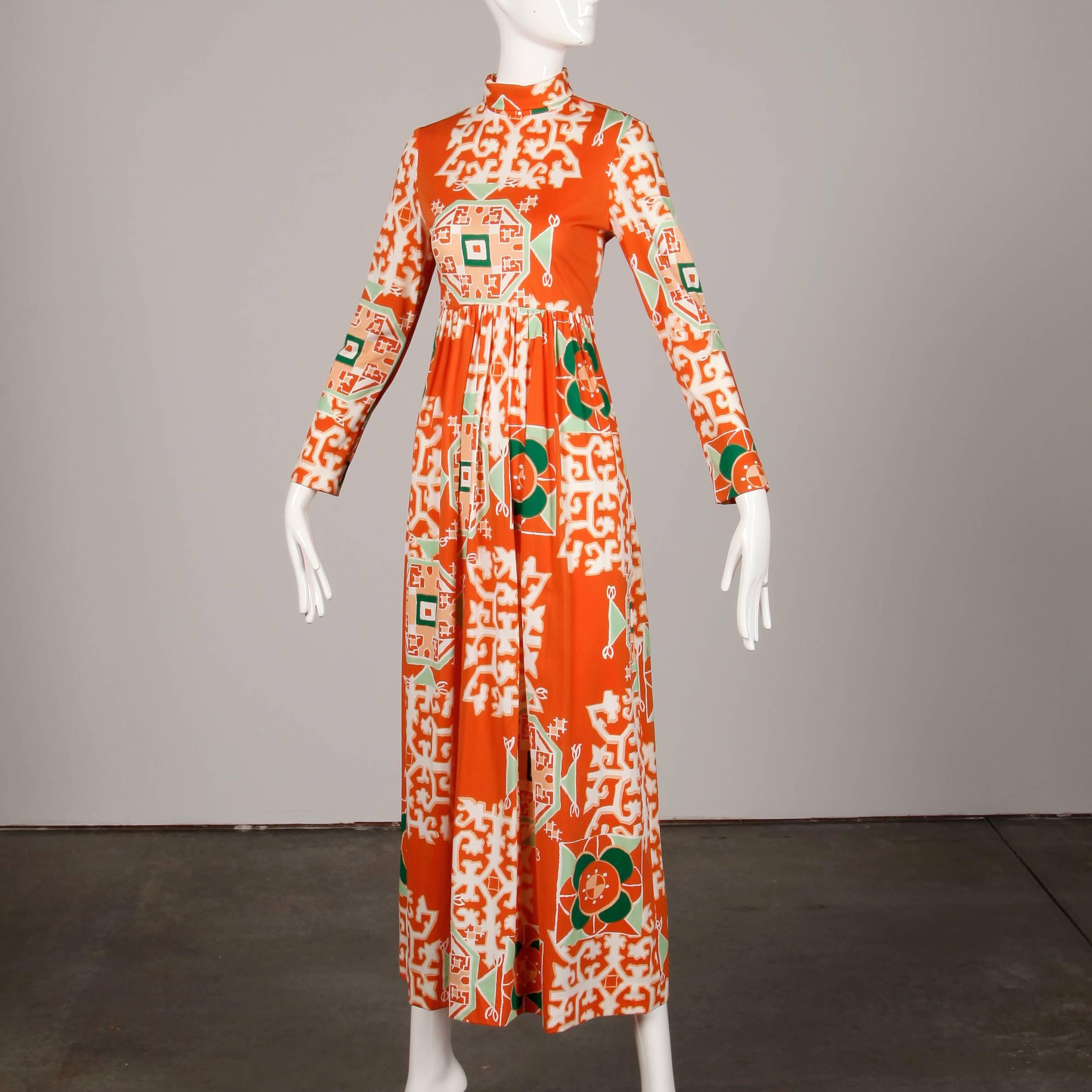 Women's 1970s Bergdorf Goodman Vintage Orange Polynesian Tikki Print Op Art Maxi Dress