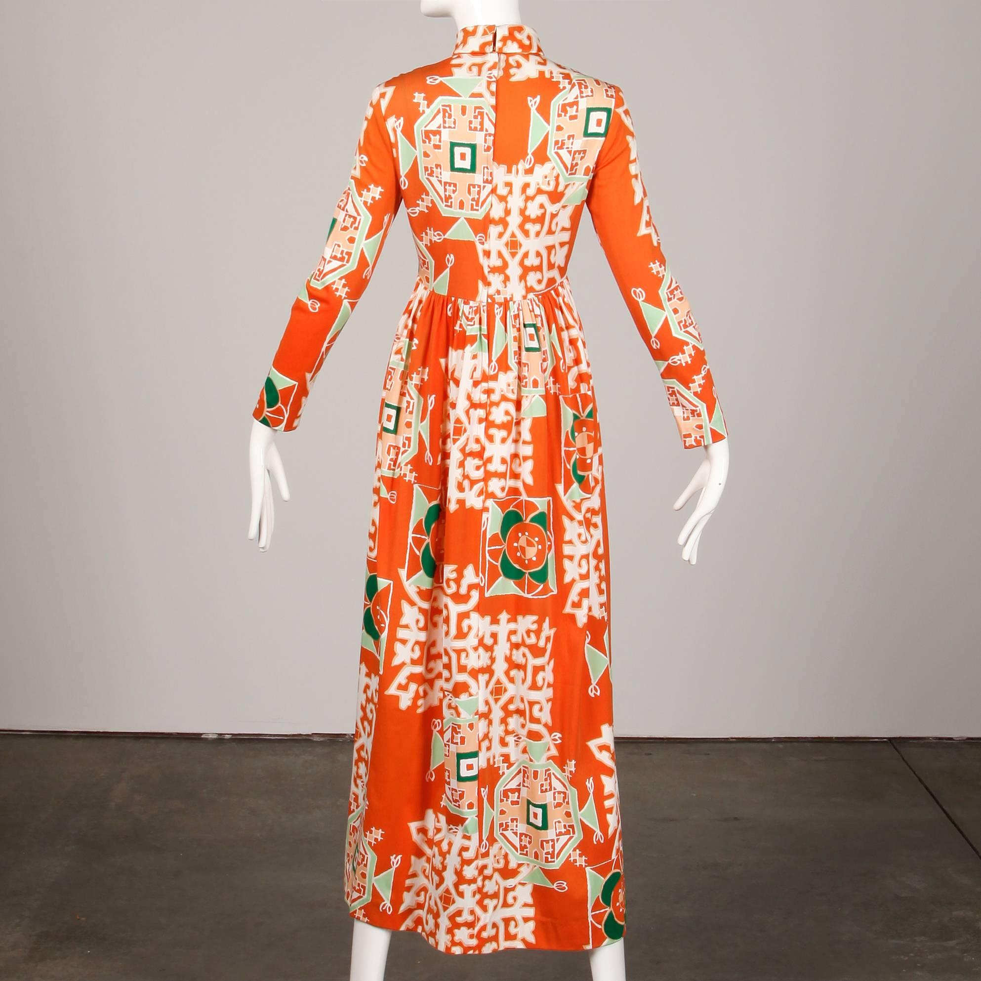 1970s Bergdorf Goodman Vintage Orange Polynesian Tikki Print Op Art Maxi Dress 2