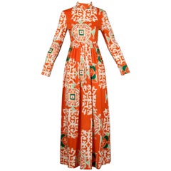 1970s Bergdorf Goodman Vintage Orange Polynesian Tikki Print Op Art Maxi Dress