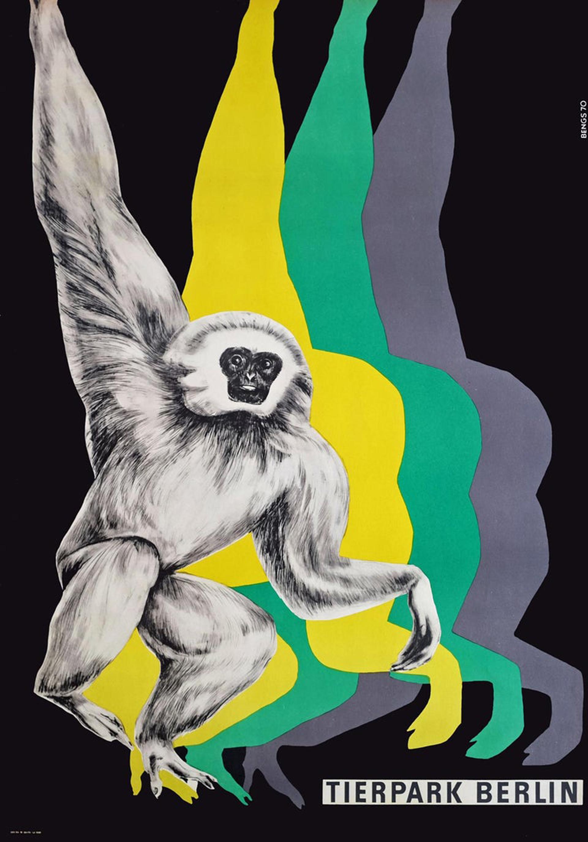 Mid-Century Modern 1970s Berlin Zoo Germany Travel Poster Pop Art Monkey Design Tierpark For Sale