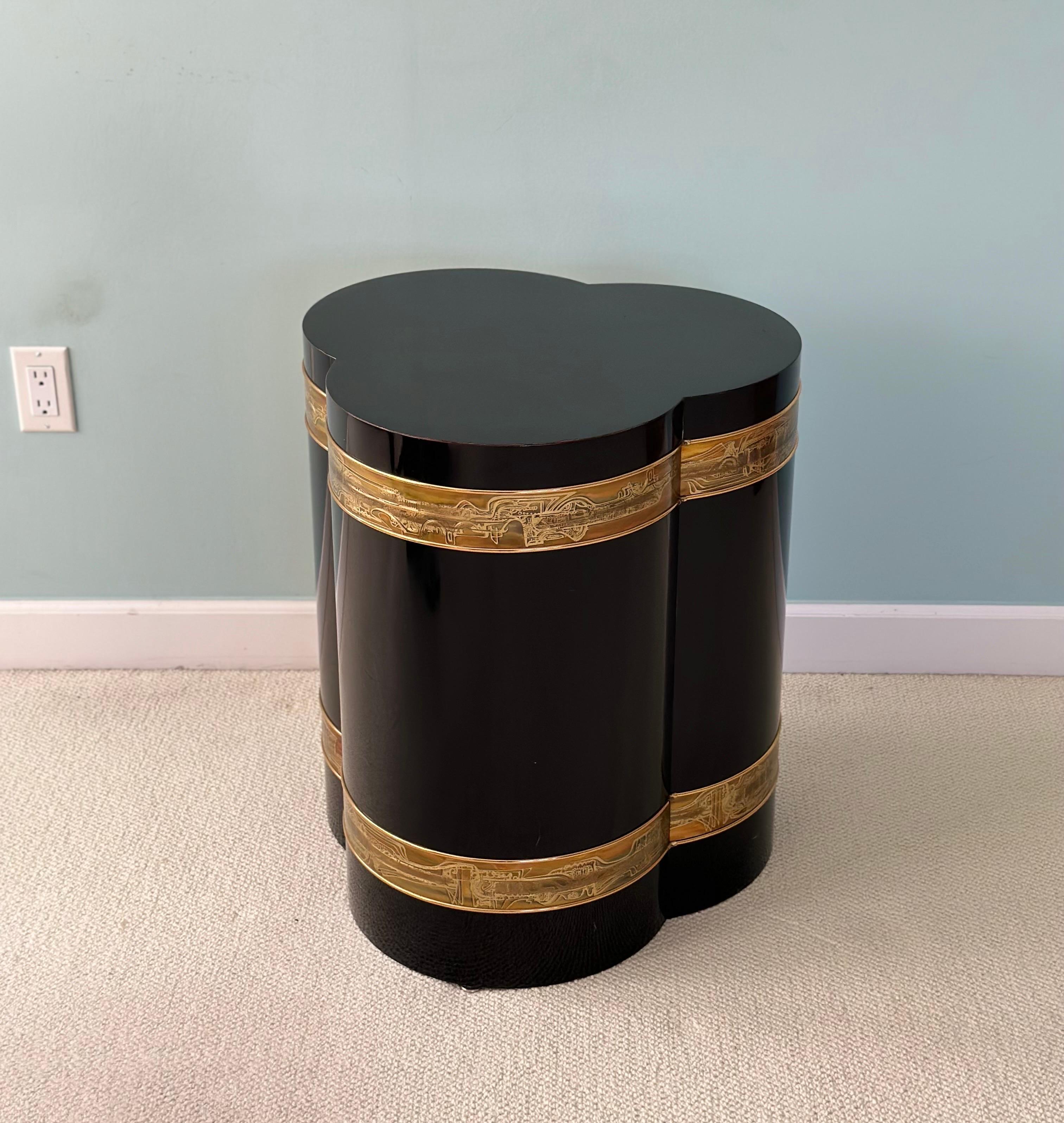 We are very pleased to offer a stunning side table by renowned artist and metalworker Bernard Rohne, for Mastercraft, circa the 1970s.  Rohne is recognized for his expertise in metalcraft, especially his skill in creating unique and artistic metal