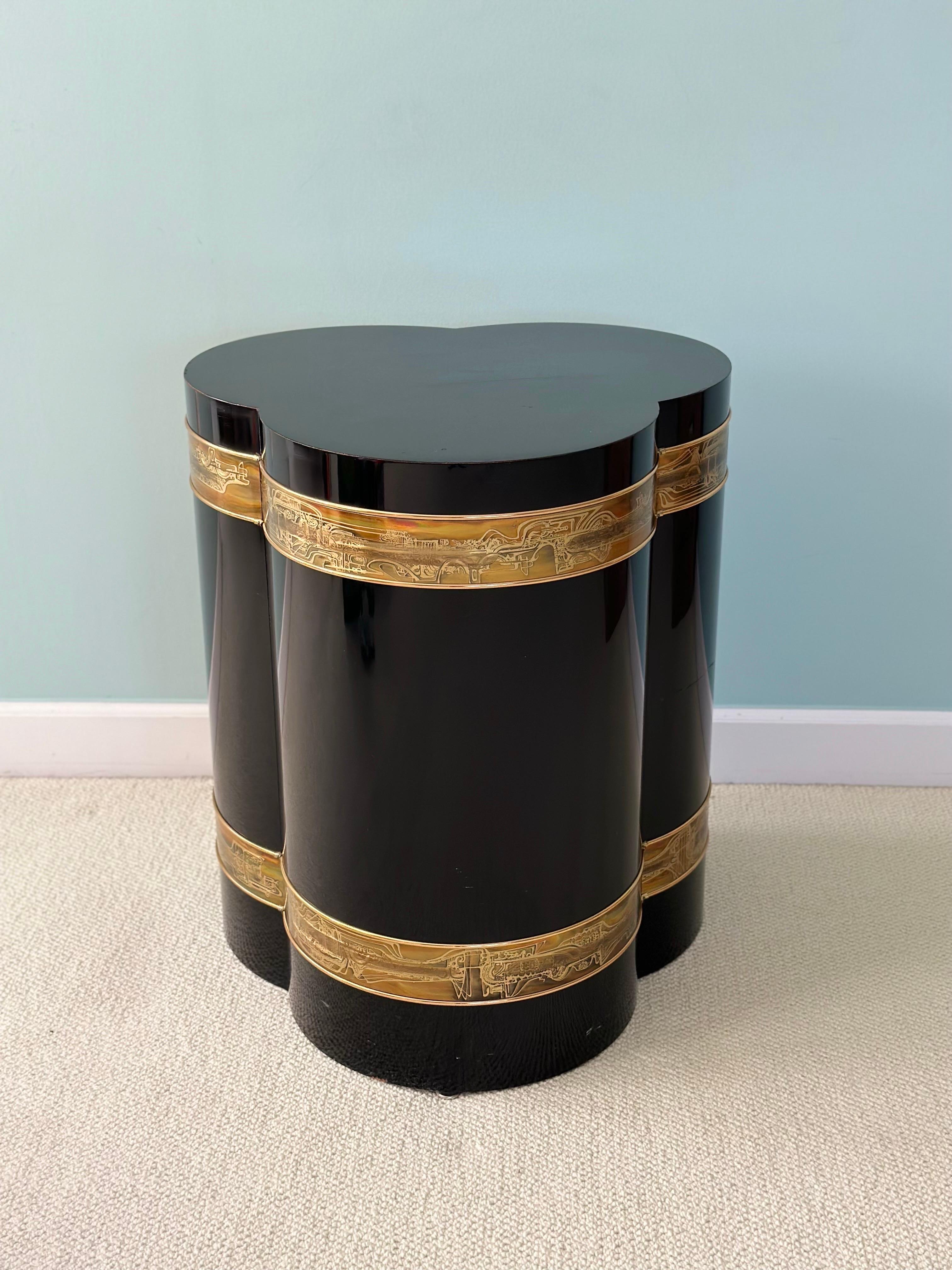 Late 20th Century 1970s Bernard Rohne for Mastercraft Trefoil Black Lacquer and Brass Side Table 