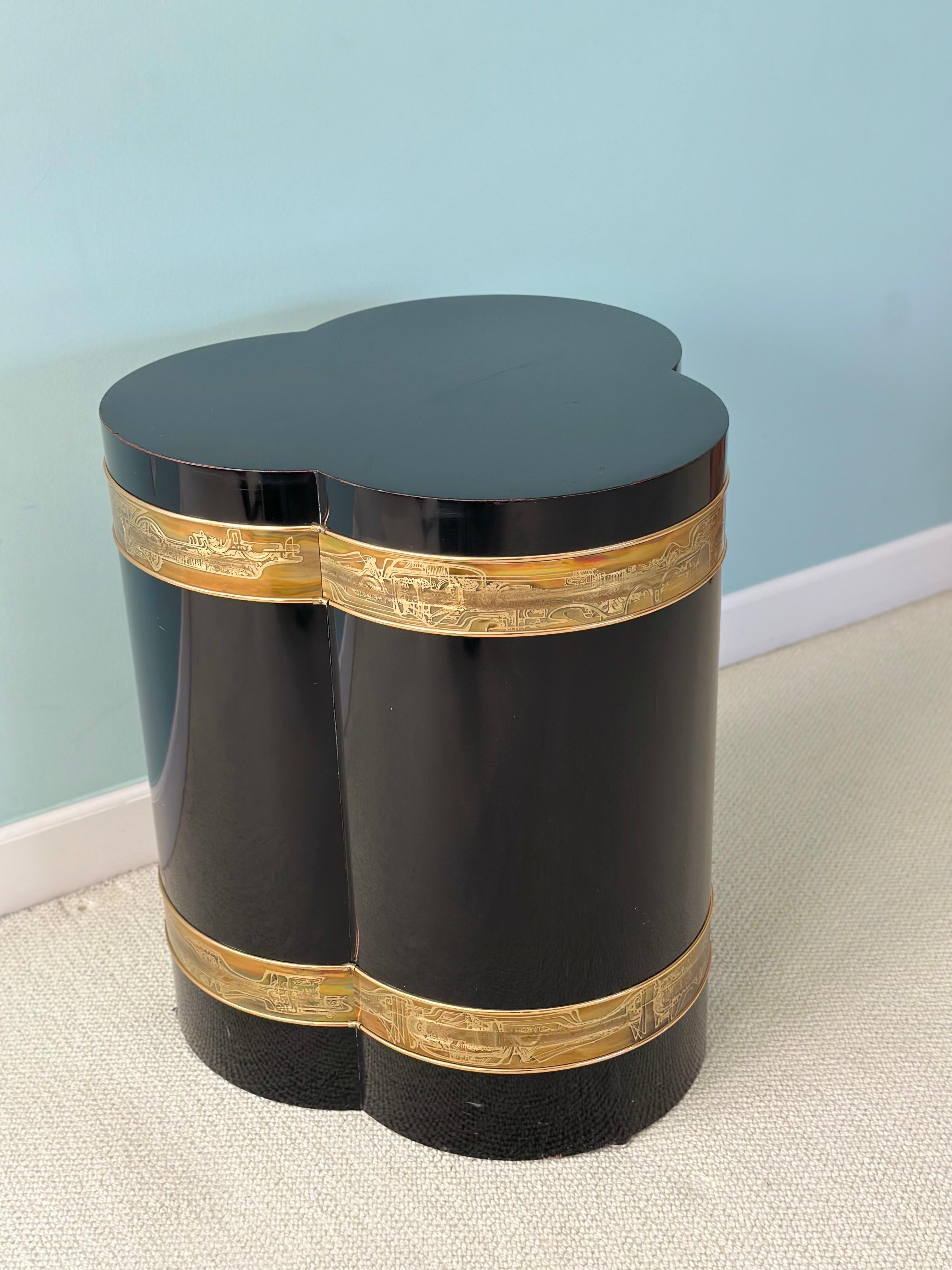 1970s Bernard Rohne for Mastercraft Trefoil Black Lacquer and Brass Side Table  1