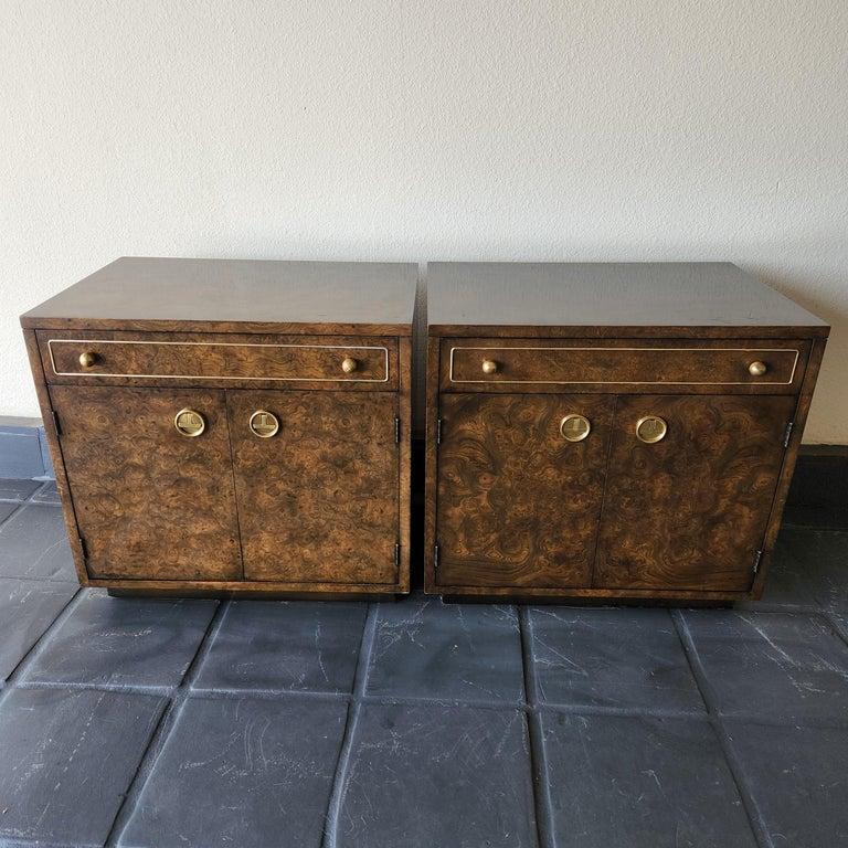 American 1970s Bernhard Rohne for Mastercraft Burlwood Nightstands Etched Brass For Sale