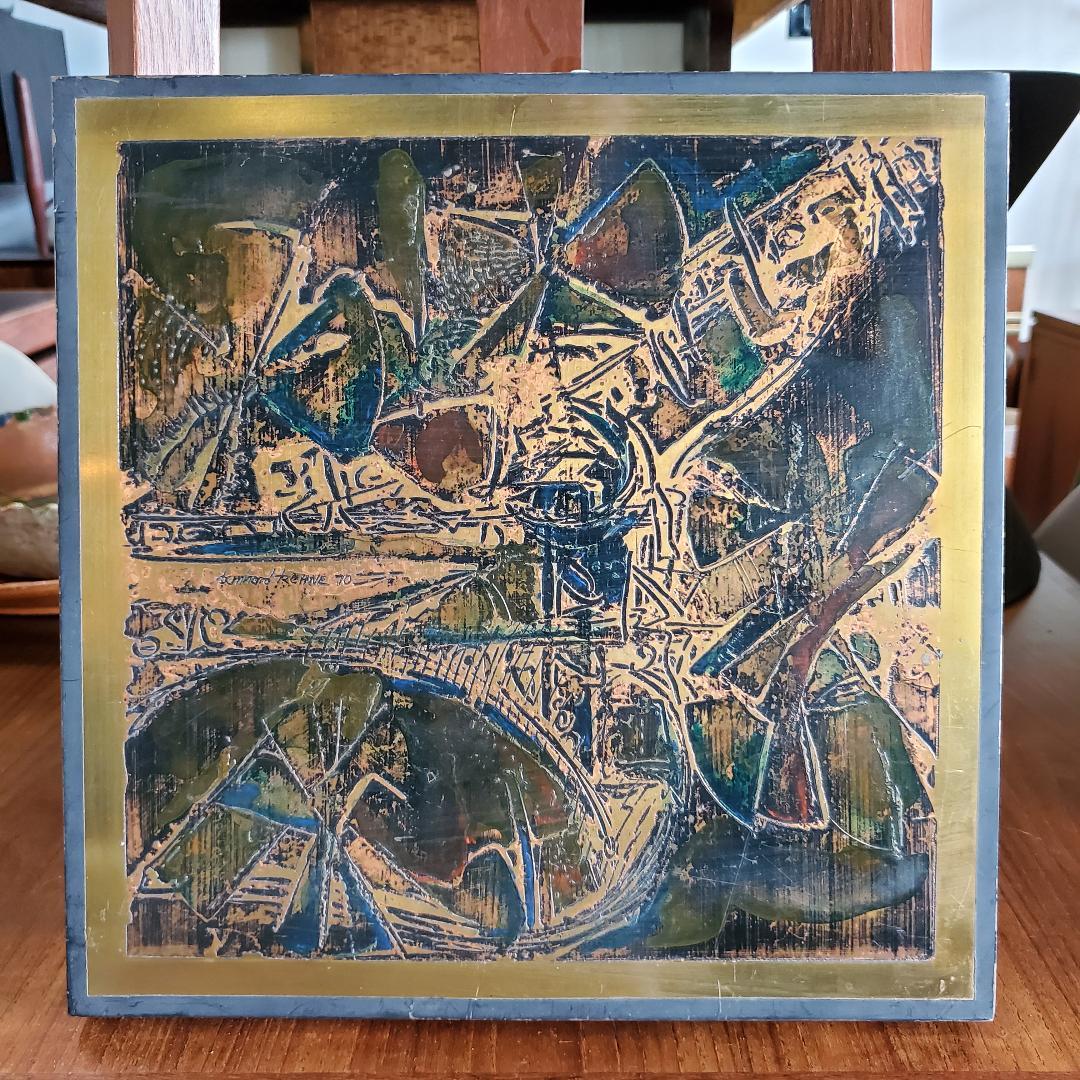 1970s Original Bernhard Rohne Etched Brass Geometric Abstract Plaque For METALLIC DESIGN STUDIO, 1970.

Bernard Rohne Has Become Quite Famous For His Work With Mastercraft, But Also Produced Many Pieces Of Artwork Throughout His Famous Career For