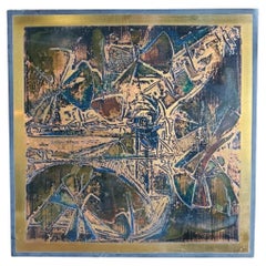 1970s Bernhard Rohne Original Acid Etched Brass Abstract Geometric Plaque