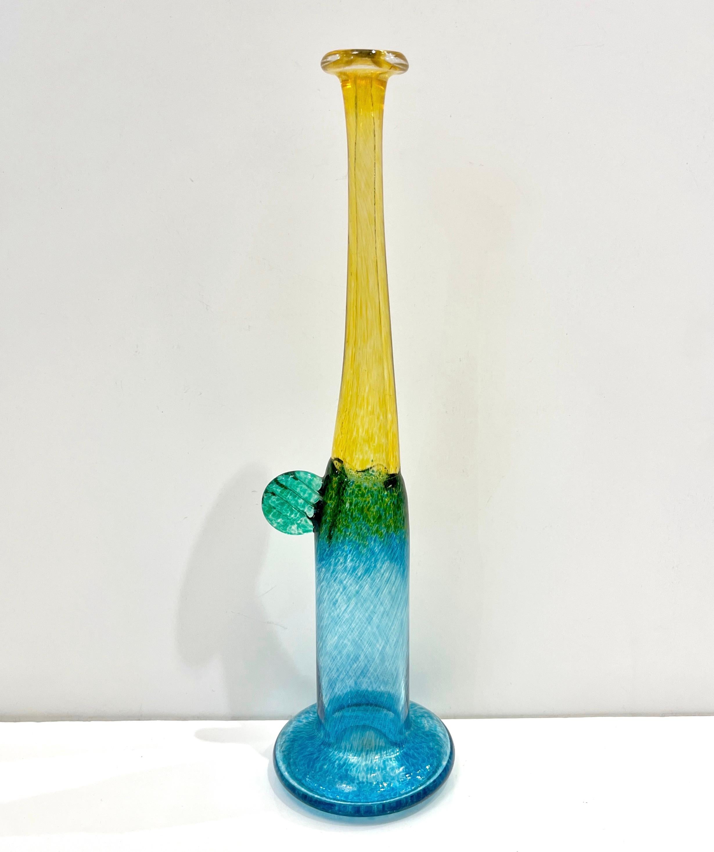 1970s Bertil Vallien Swedish Blue Green Yellow Art Glass Vase for  Kosta Boda For Sale 4