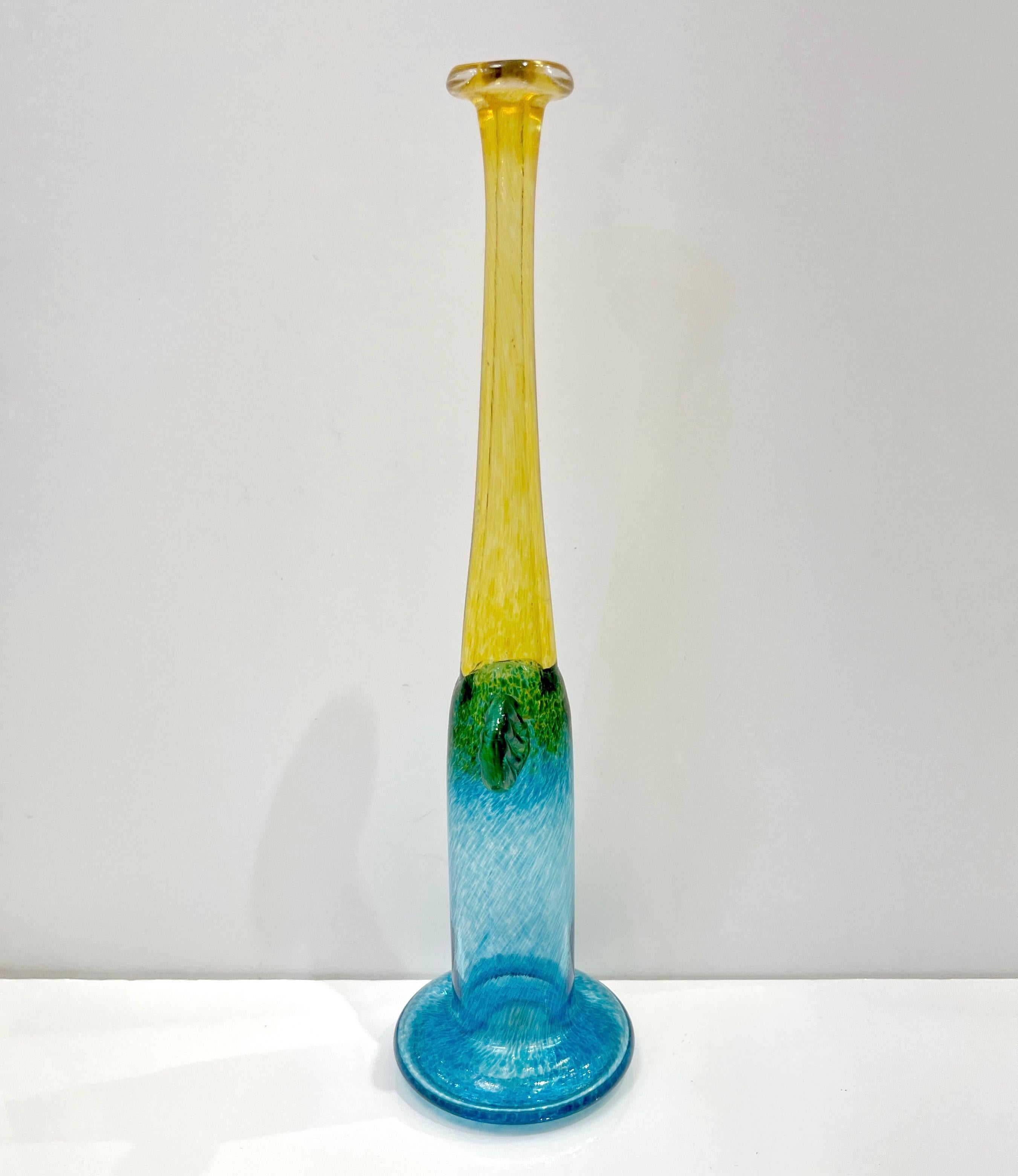 1970s Bertil Vallien Swedish Blue Green Yellow Art Glass Vase for  Kosta Boda For Sale 5