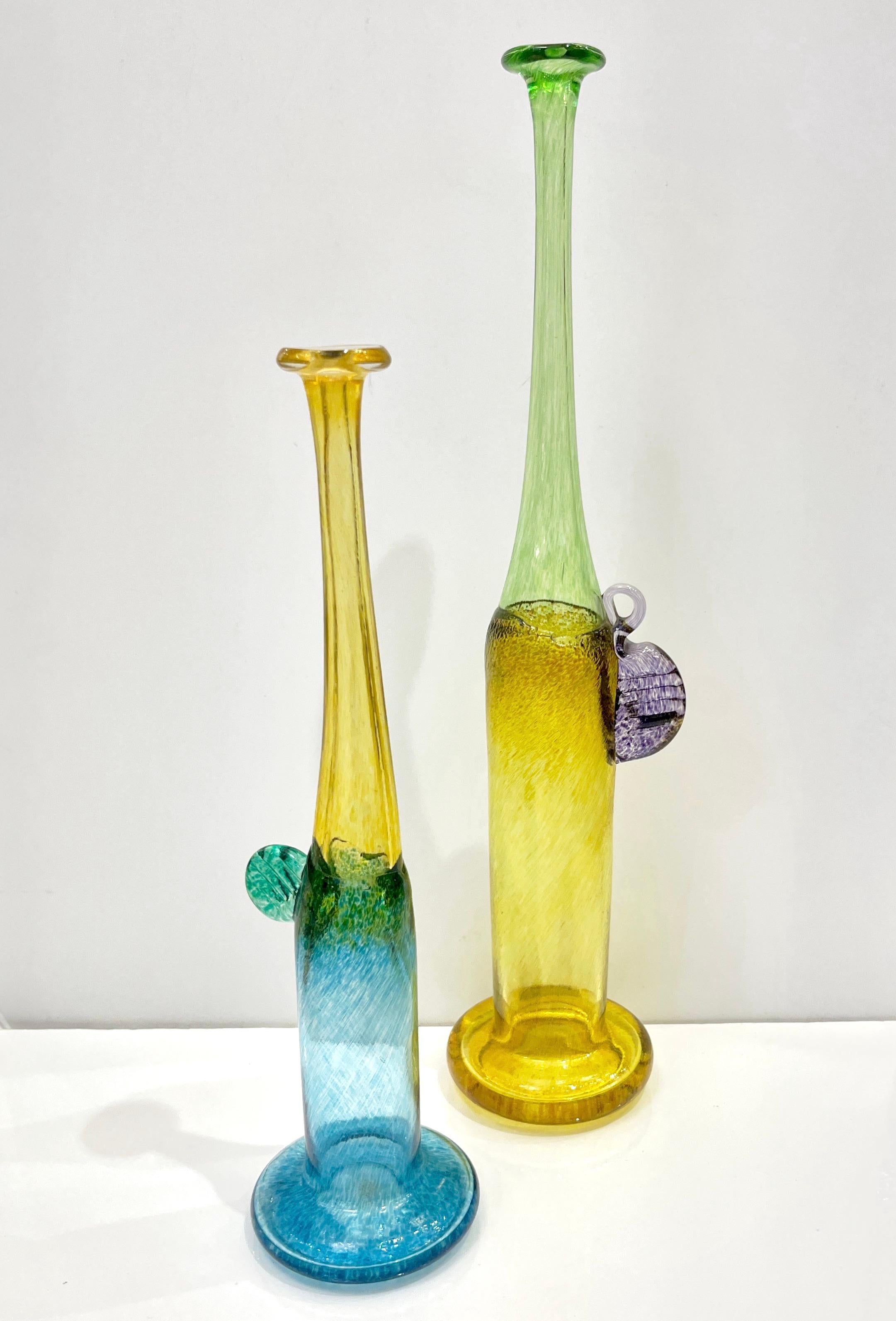 Organic Modern 1970s Bertil Vallien Swedish Blue Green Yellow Art Glass Vase for  Kosta Boda For Sale