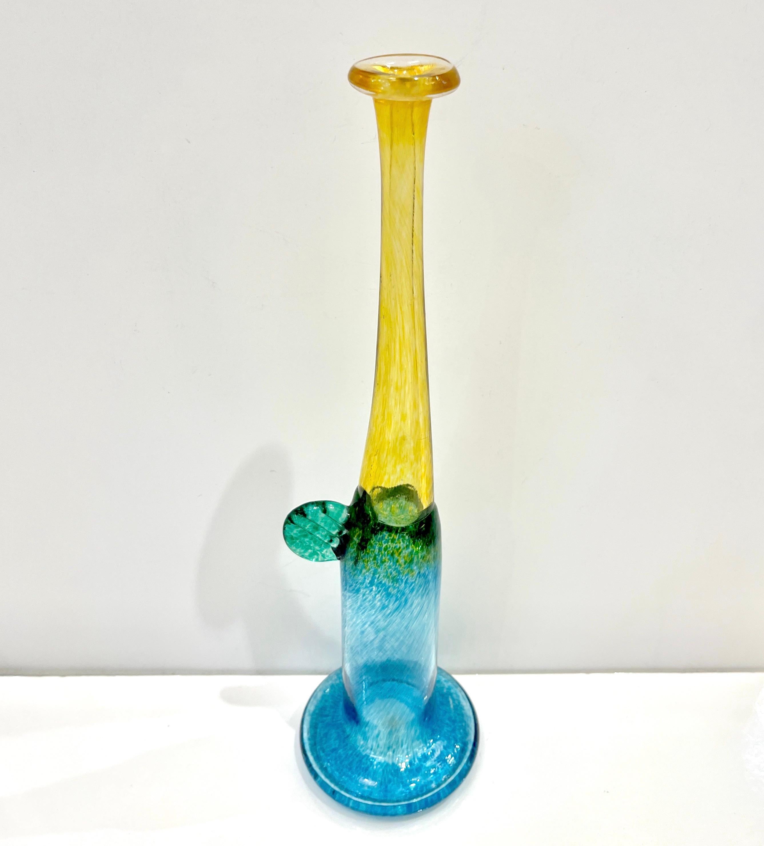 1970s Bertil Vallien Swedish Blue Green Yellow Art Glass Vase for  Kosta Boda For Sale 2