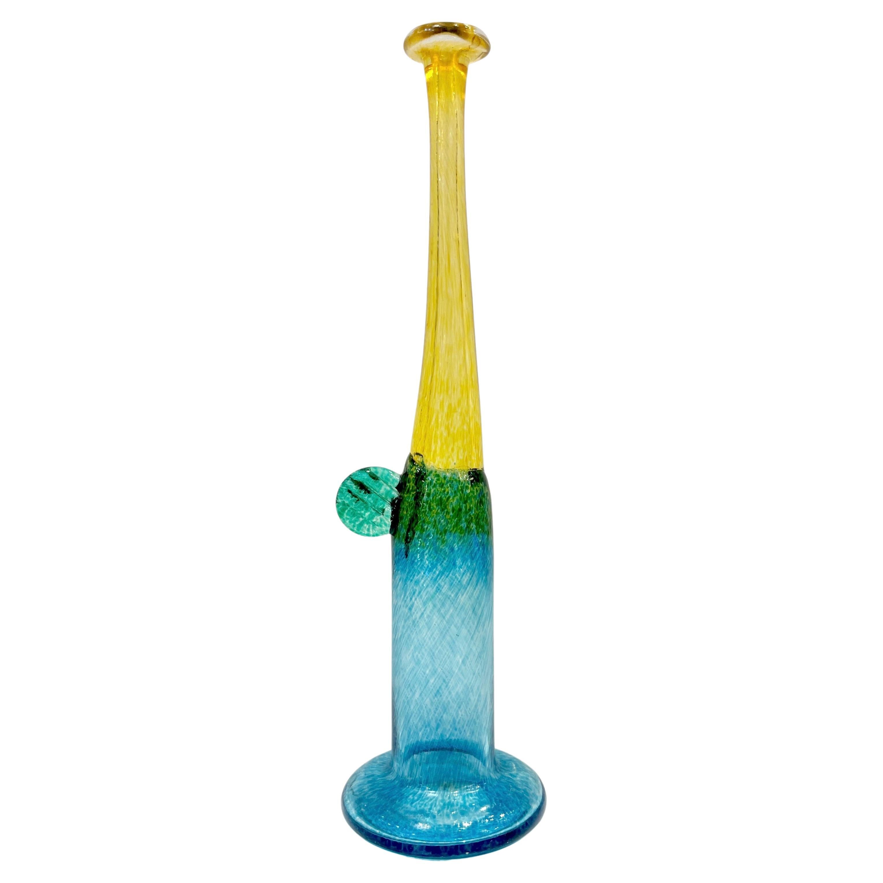 1970s Bertil Vallien Swedish Blue Green Yellow Art Glass Vase for  Kosta Boda For Sale