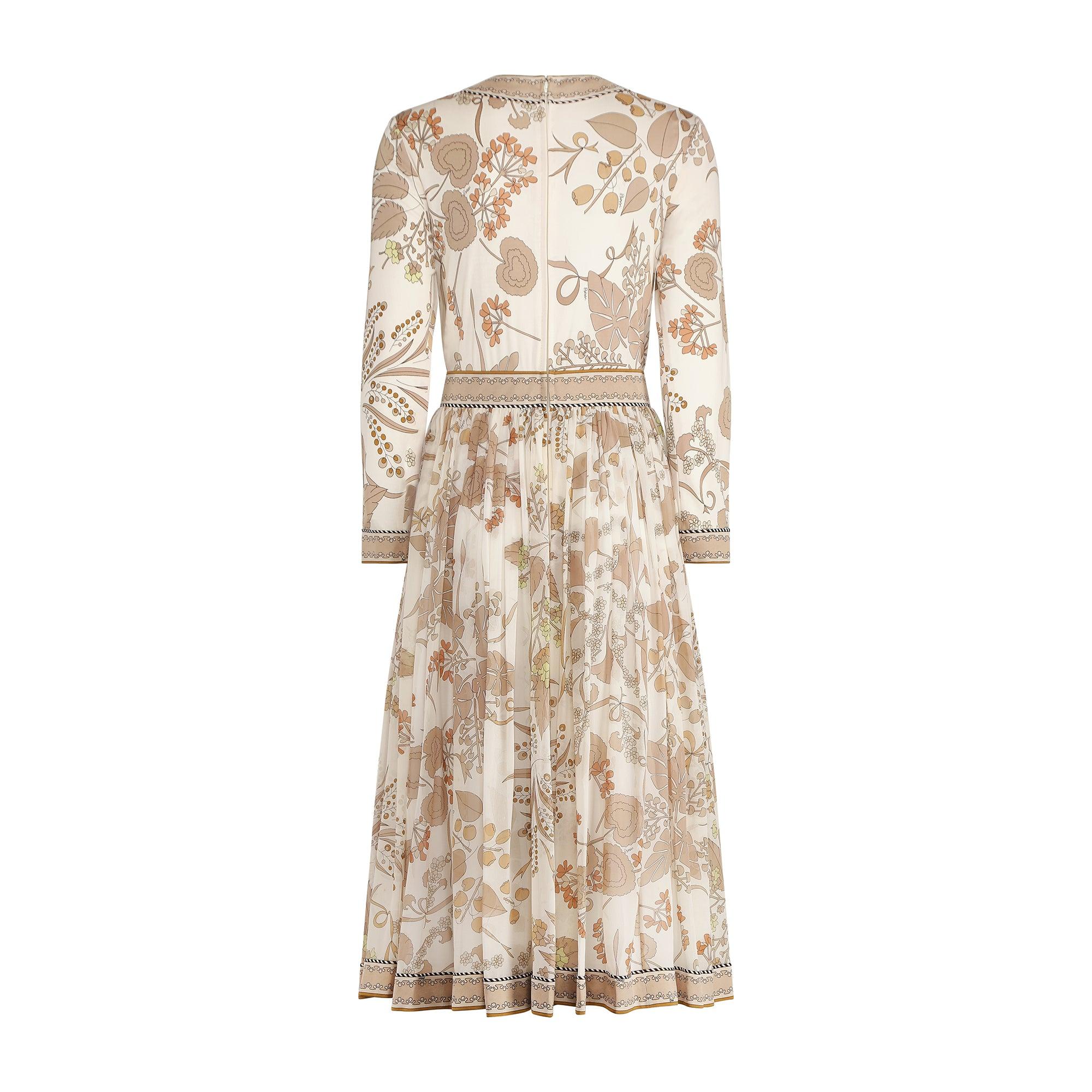 Beige 1970s Bessi Cream Silk Chiffon and Jersey Botanical Print Dress For Sale