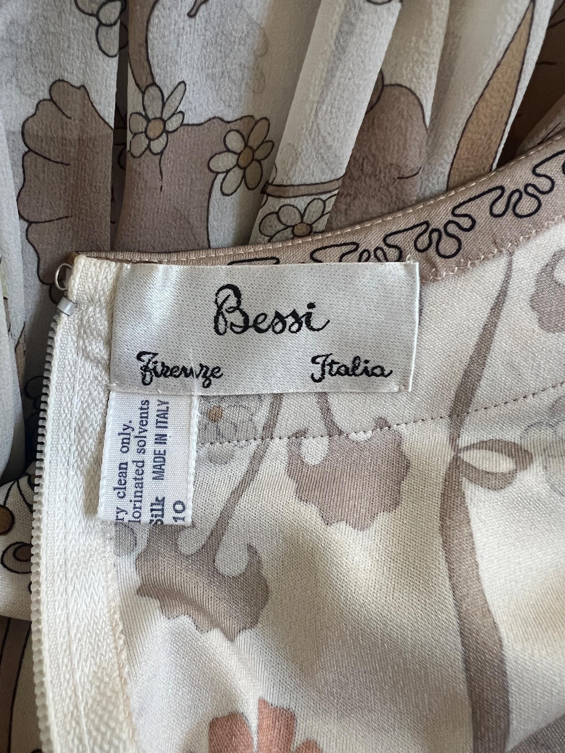 Women's 1970s Bessi Cream Silk Chiffon and Jersey Botanical Print Dress For Sale