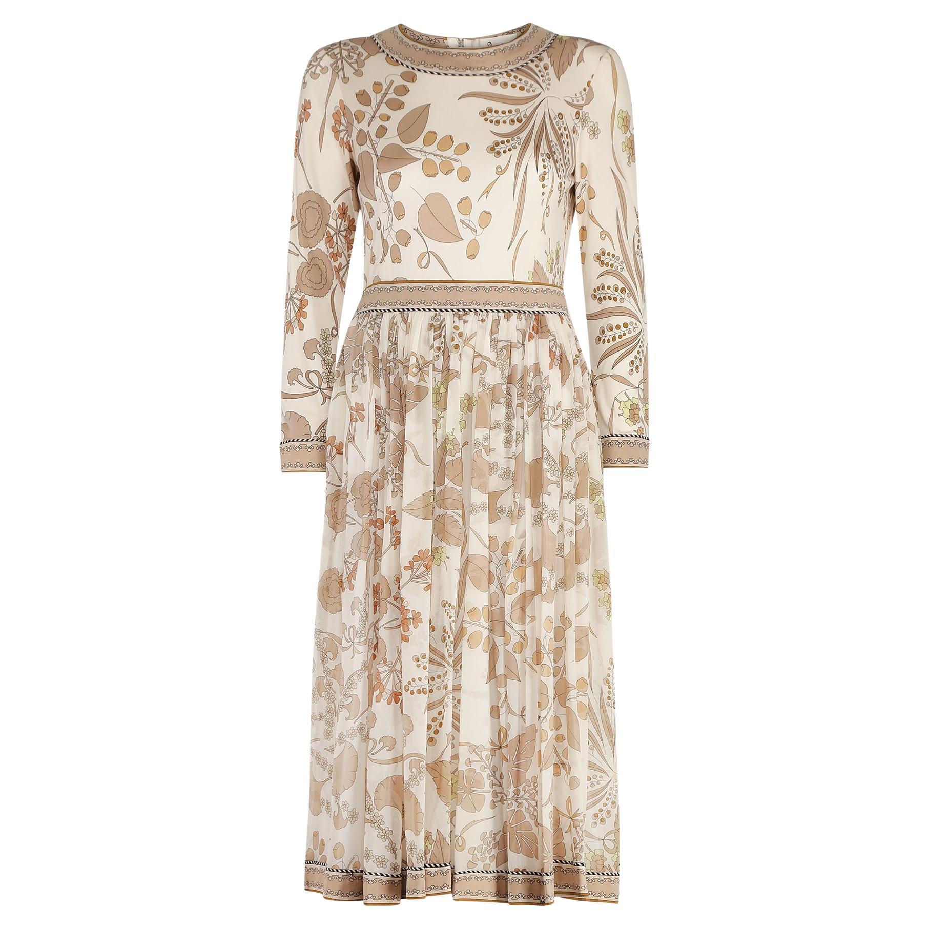 1970s Bessi Cream Silk Chiffon and Jersey Botanical Print Dress For Sale