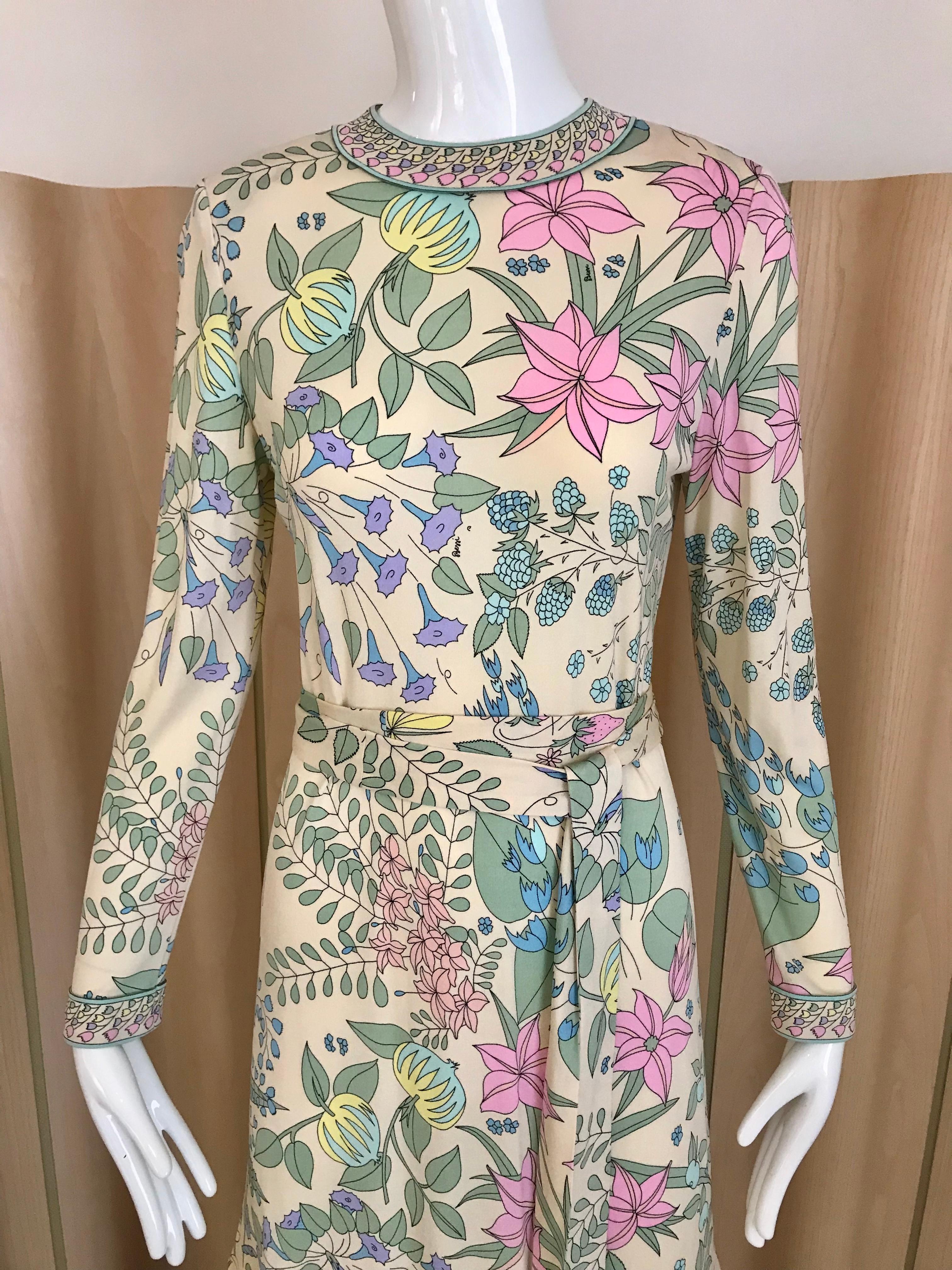 Vintage 1970s Bessi - I Magnin soft jersey long sleeve maxi dress in creme, yellow, pink pastel color floral print dress. 
Bust: 38 inches/ waist: 32 inches/ Hip: 36 inches/ Dress length: 53 inches/ sleeve length: 24 inch
Upper arms circumference: