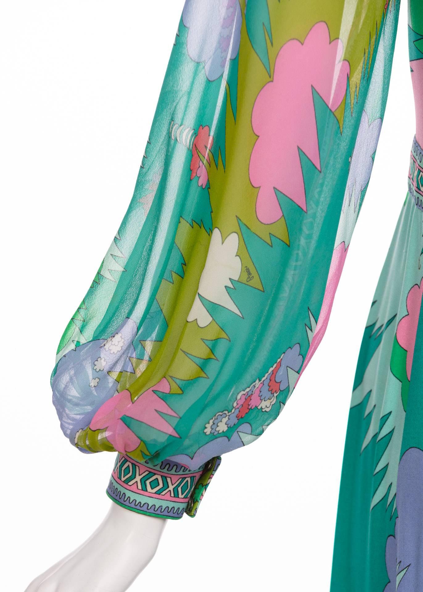 Bessi Multicolored Silk Jersey Chiffon Sleeves Maxi dress, 1970s  5