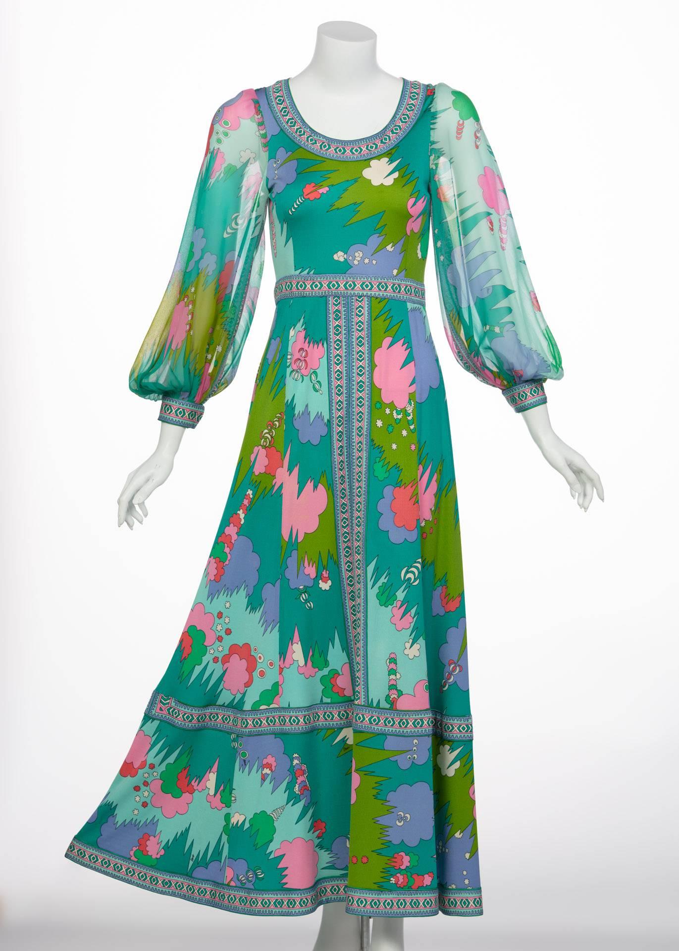 Bessi Multicolored Silk Jersey Chiffon Sleeves Maxi dress, 1970s  6