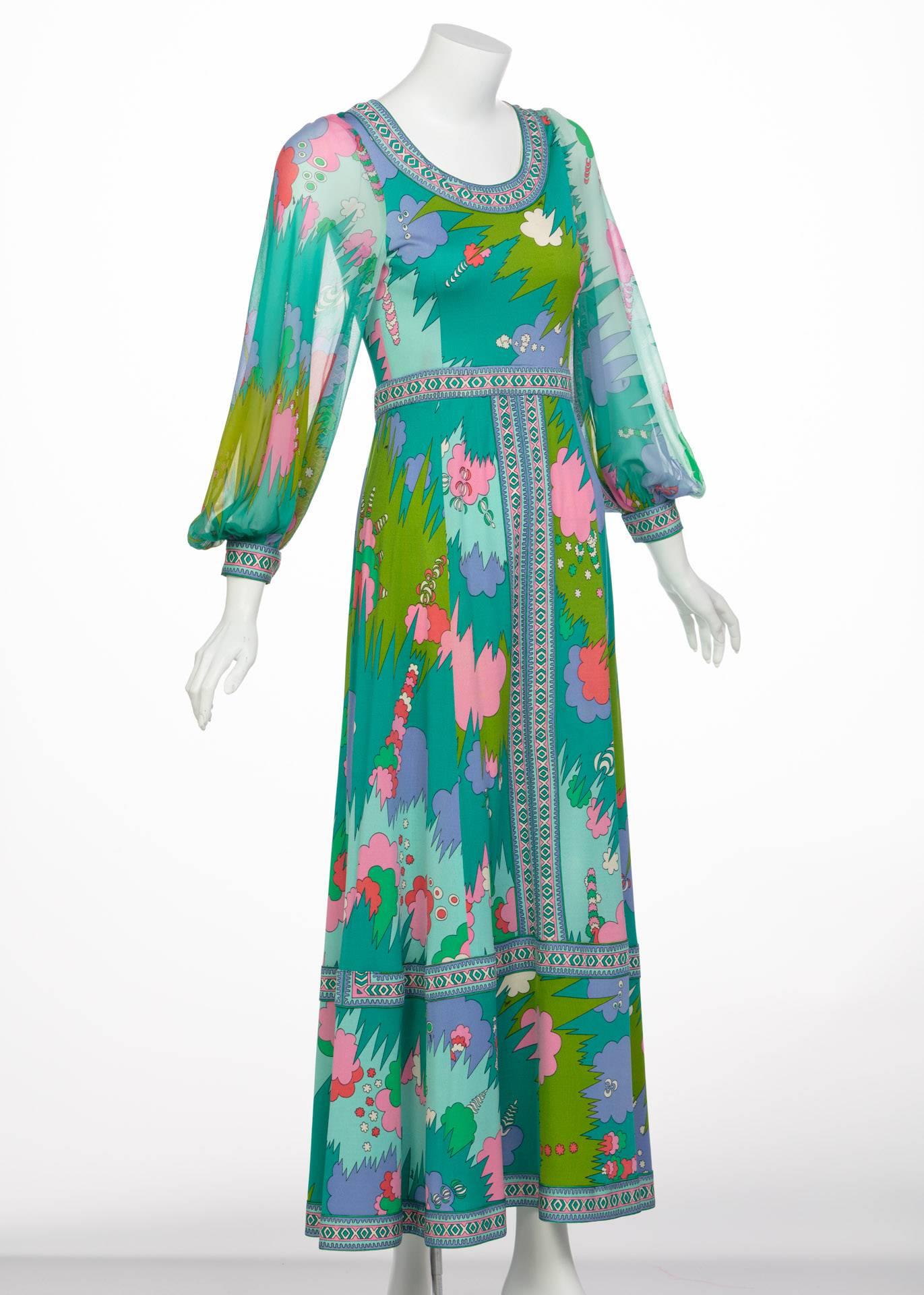 Blue Bessi Multicolored Silk Jersey Chiffon Sleeves Maxi dress, 1970s 