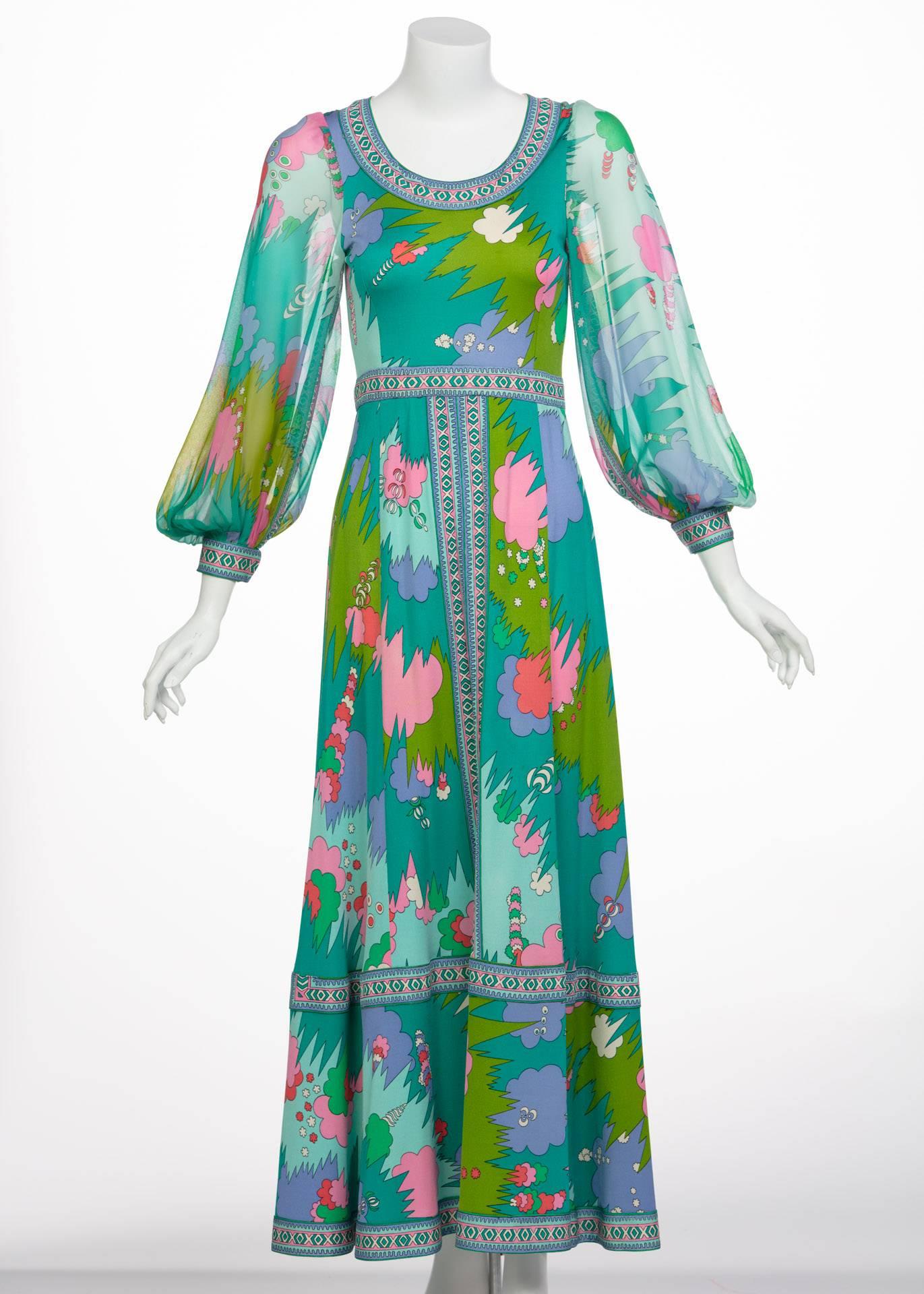 Bessi Multicolored Silk Jersey Chiffon Sleeves Maxi dress, 1970s  1