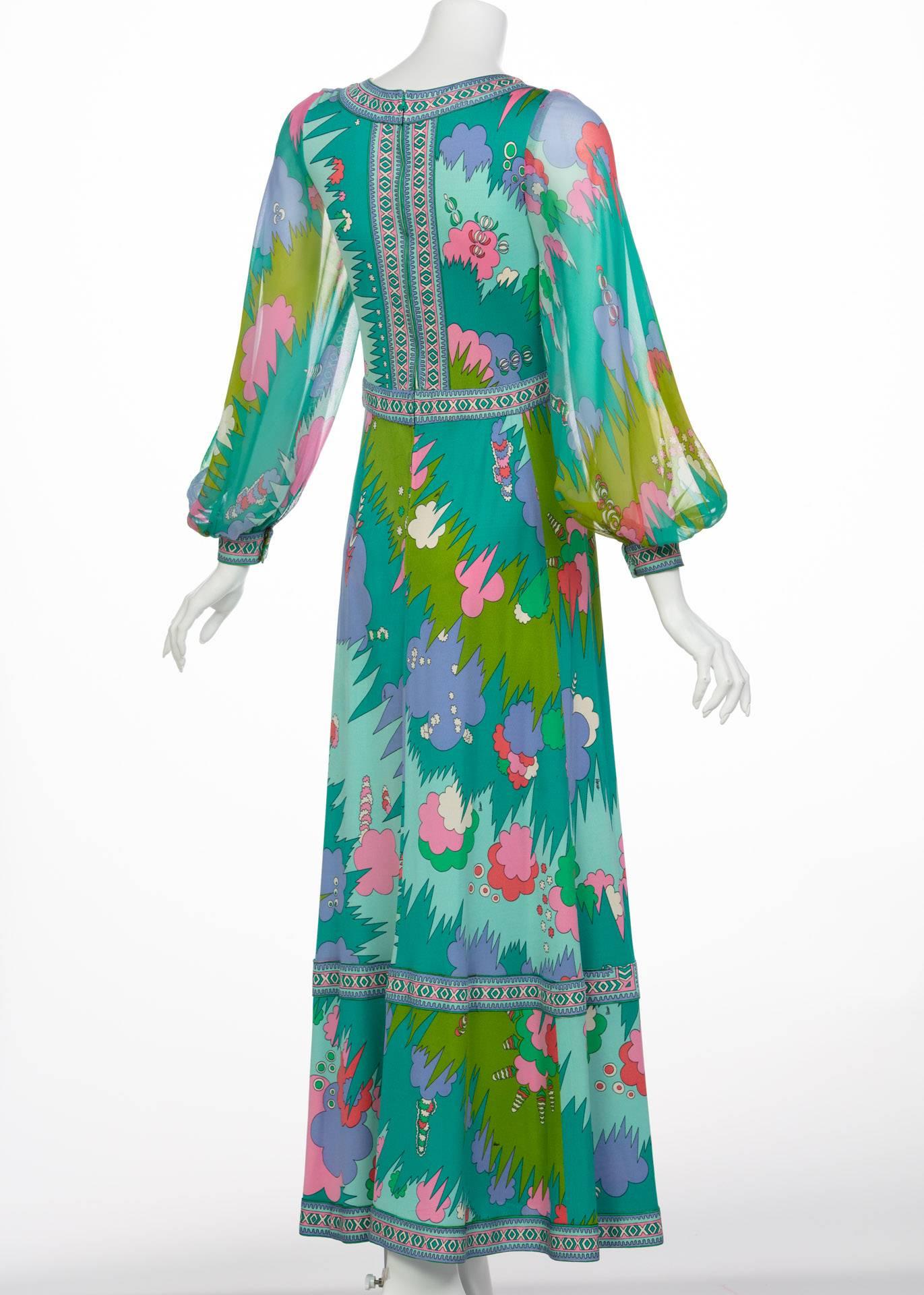 Women's Bessi Multicolored Silk Jersey Chiffon Sleeves Maxi dress, 1970s 