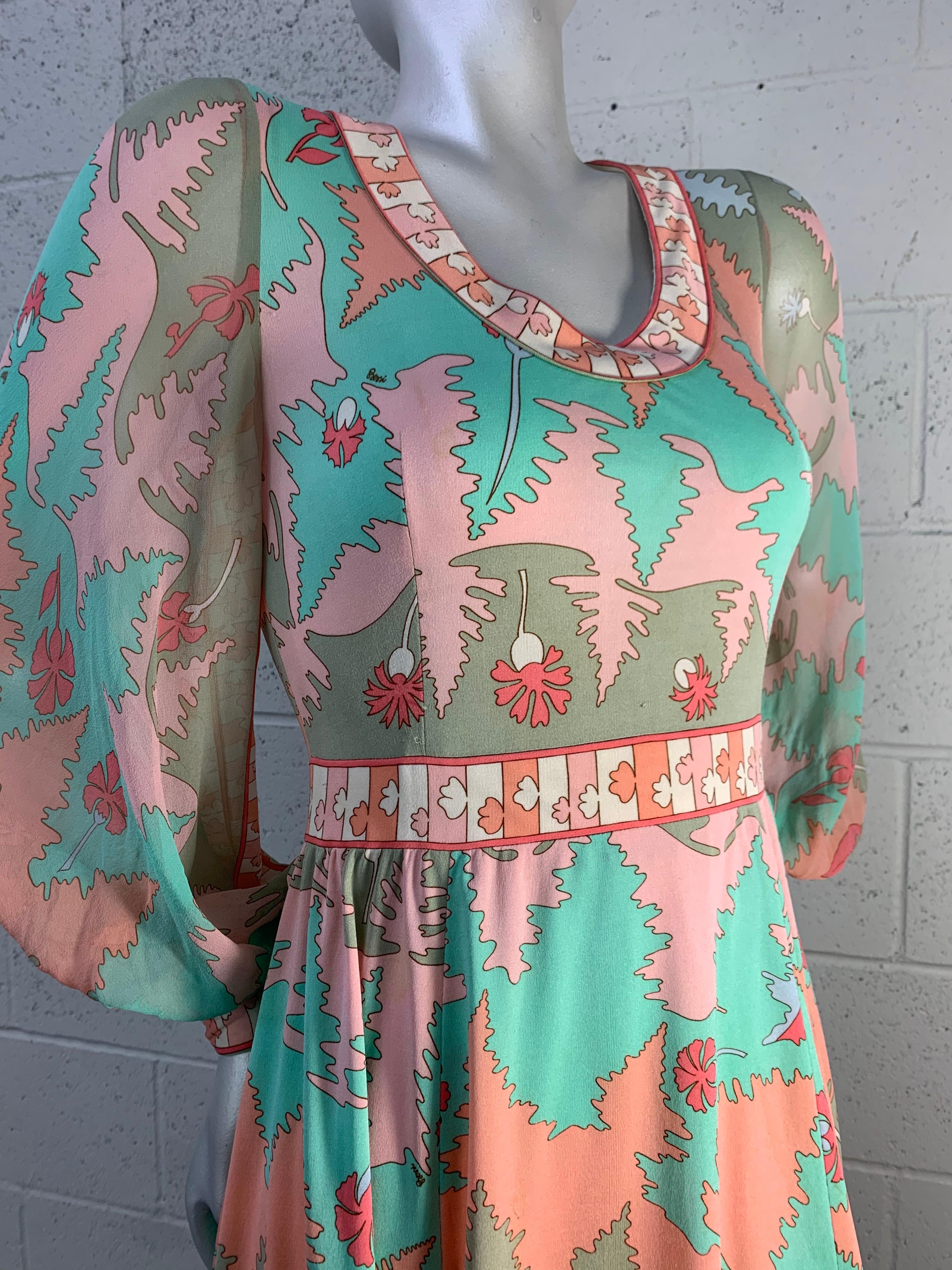 1970s Bessi Silk Jersey and Chiffon Psychedelic Dress in Peach Aqua & Persimmon  6