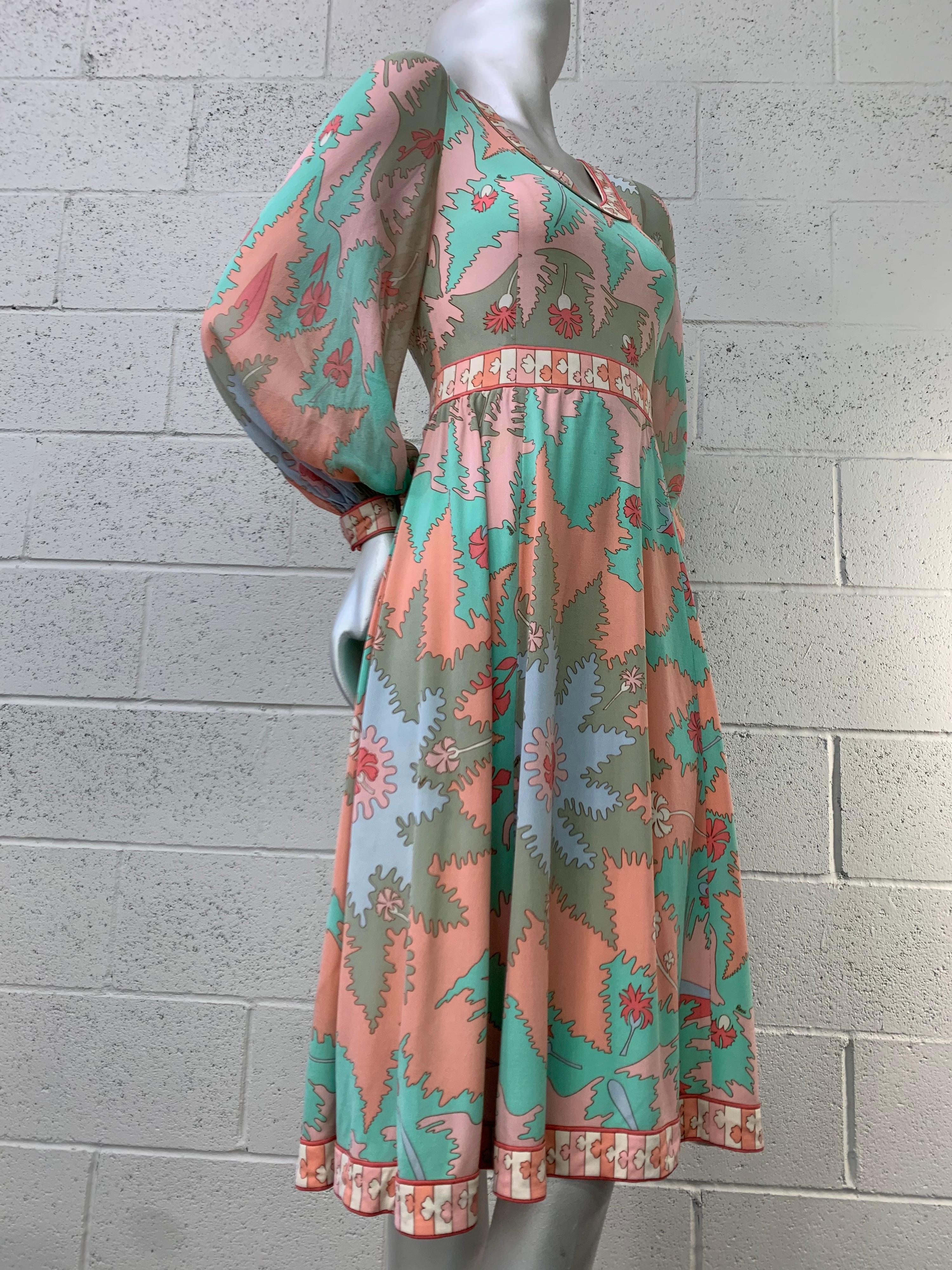 1970s Bessi Silk Jersey and Chiffon Psychedelic Dress in Peach Aqua & Persimmon  7
