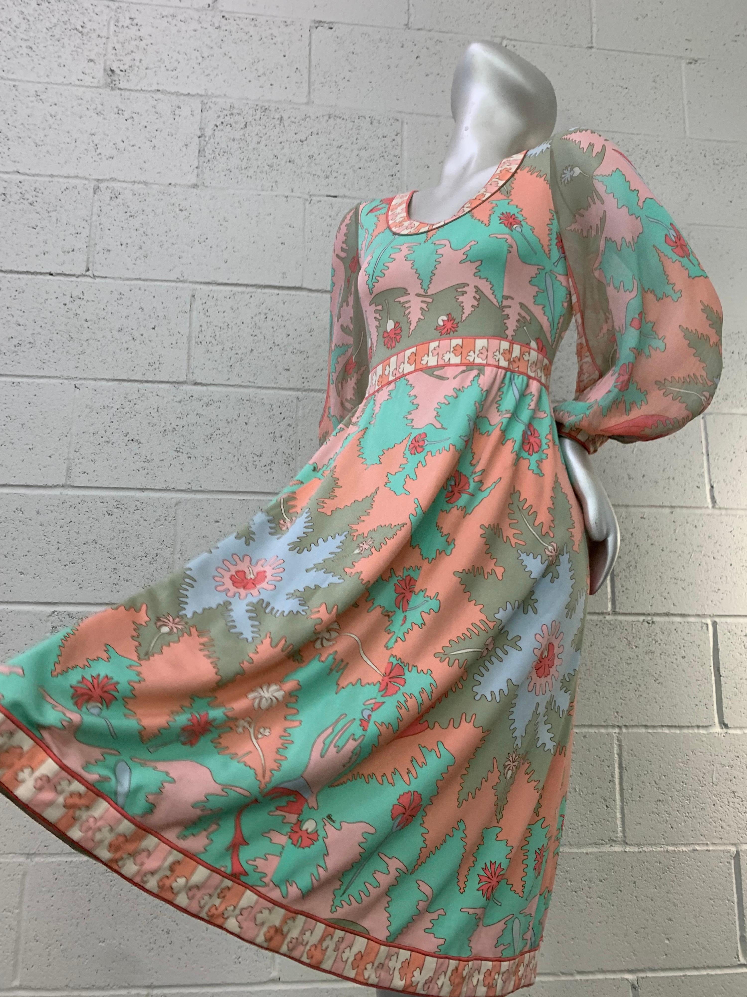 1970s Bessi Silk Jersey and Chiffon Psychedelic Dress in Peach Aqua & Persimmon  11