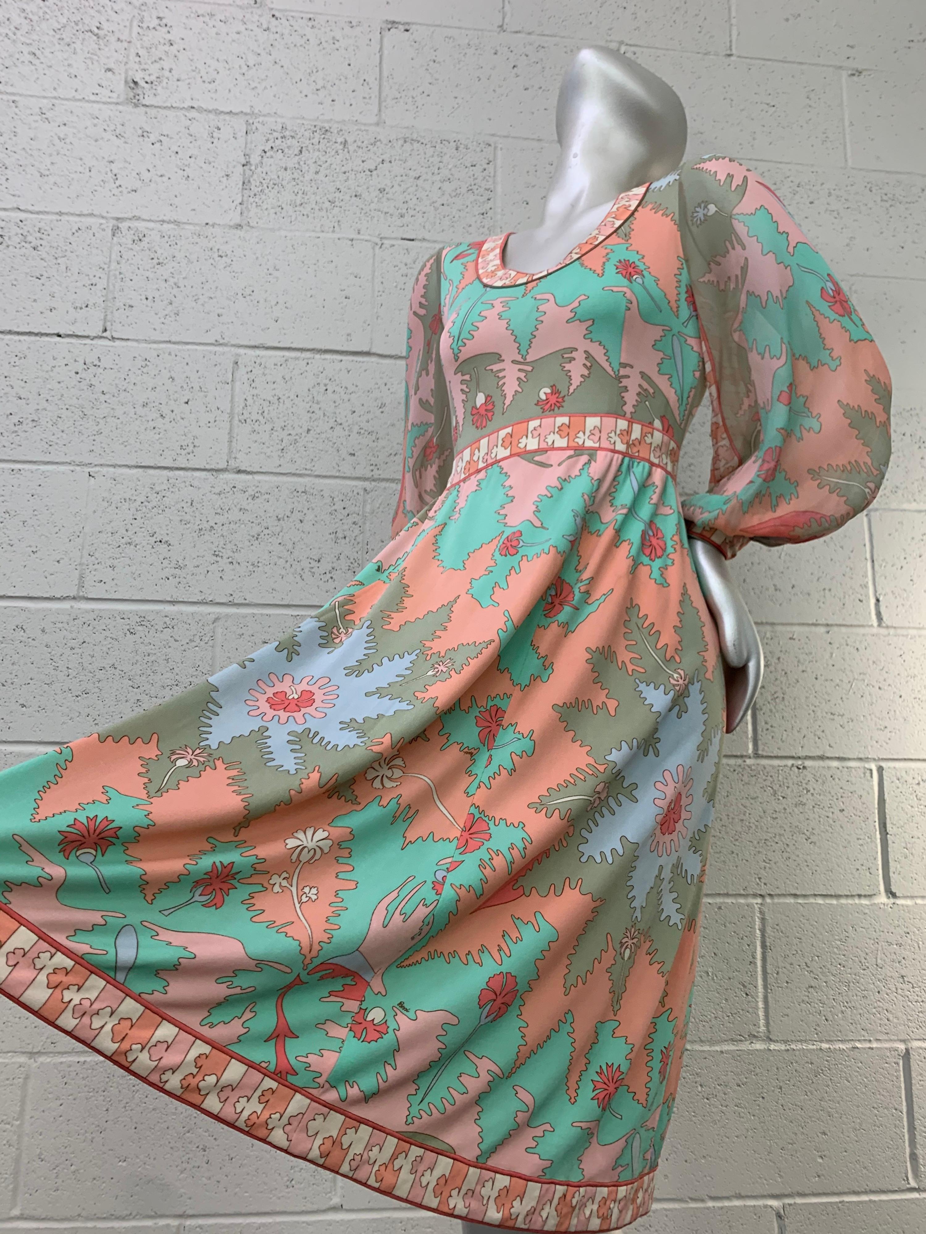 Brown 1970s Bessi Silk Jersey and Chiffon Psychedelic Dress in Peach Aqua & Persimmon 