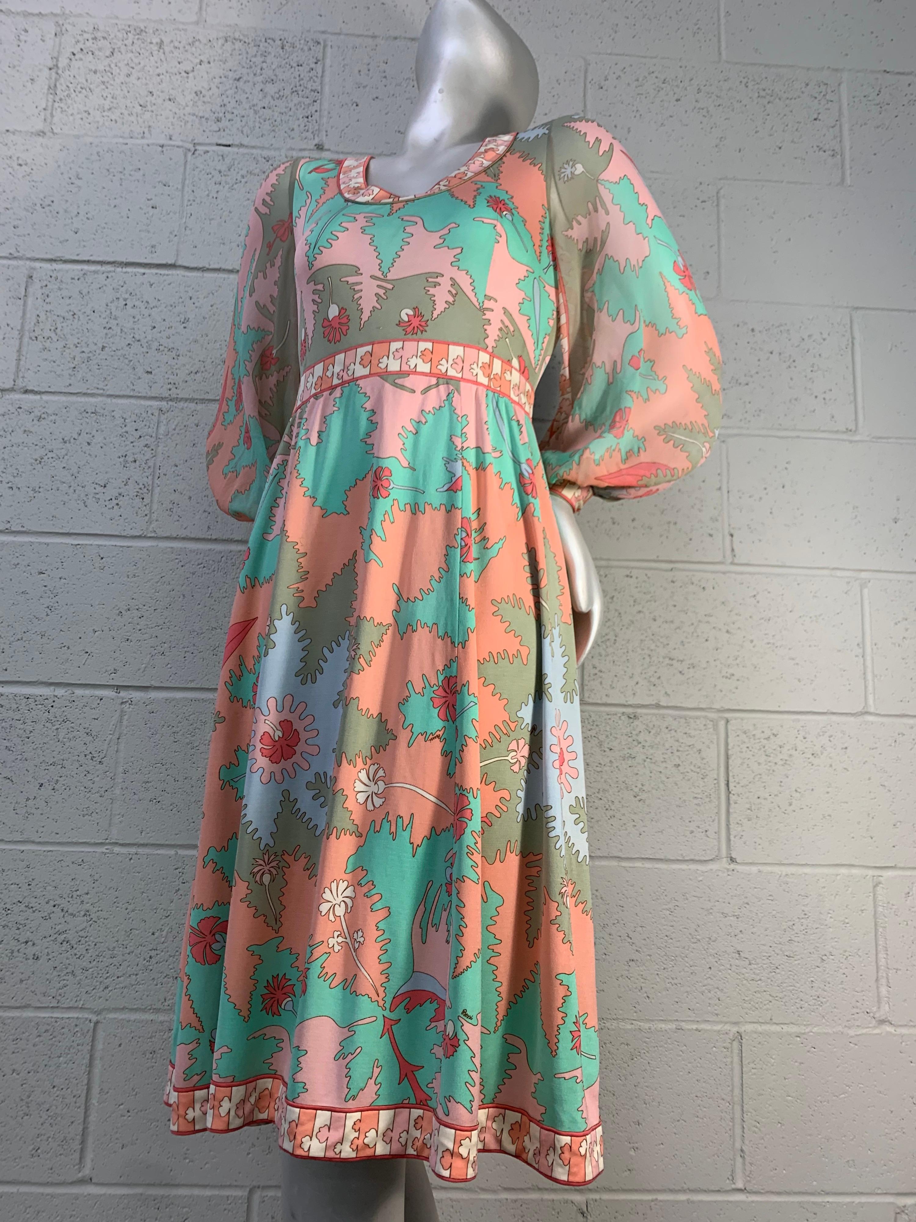 Women's 1970s Bessi Silk Jersey and Chiffon Psychedelic Dress in Peach Aqua & Persimmon 