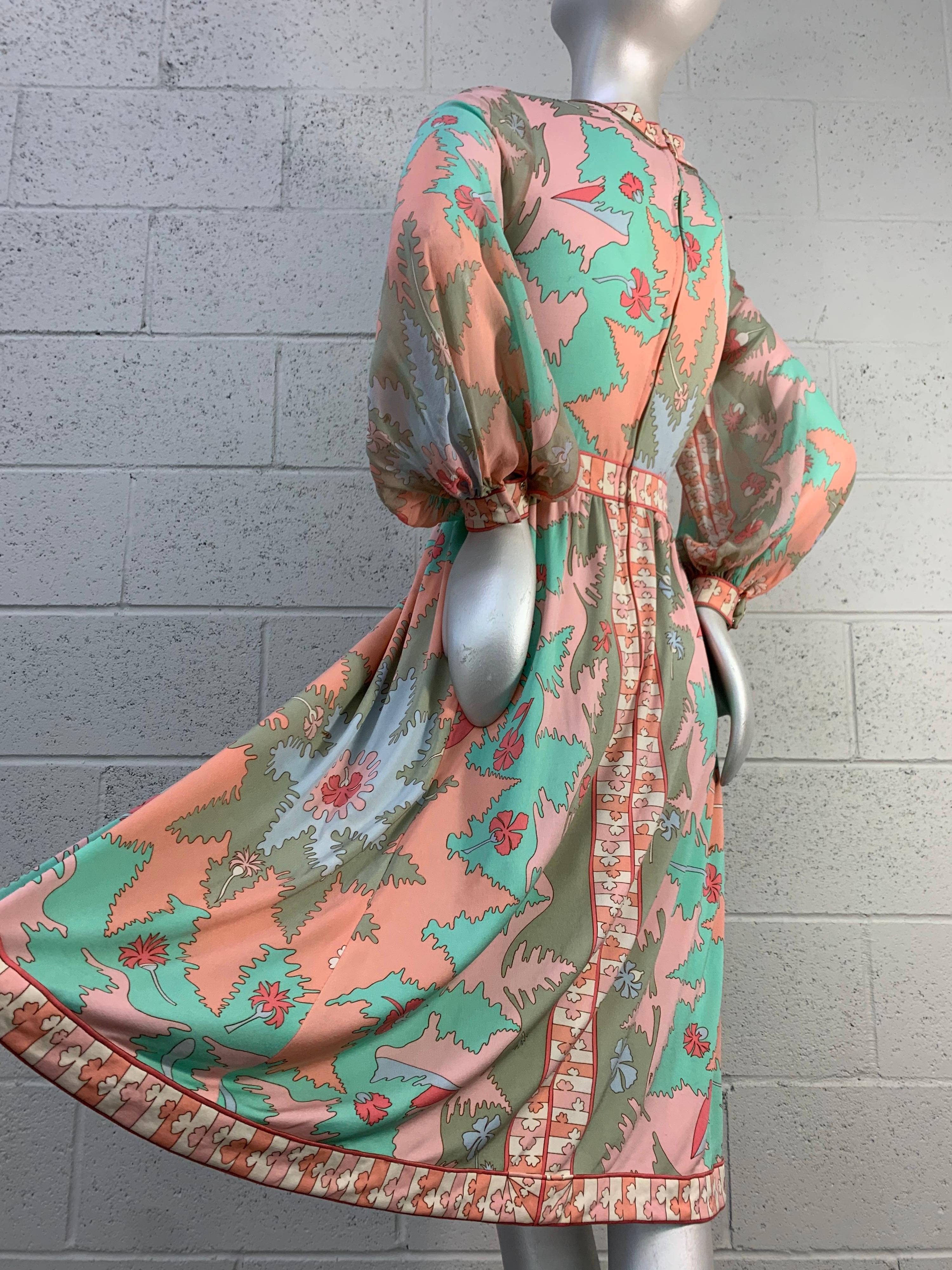 1970s Bessi Silk Jersey and Chiffon Psychedelic Dress in Peach Aqua & Persimmon  3