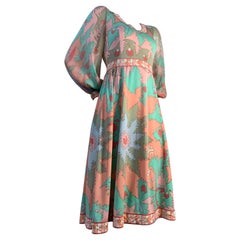 1970s Bessi Silk Jersey and Chiffon Psychedelic Dress in Peach Aqua & Persimmon
