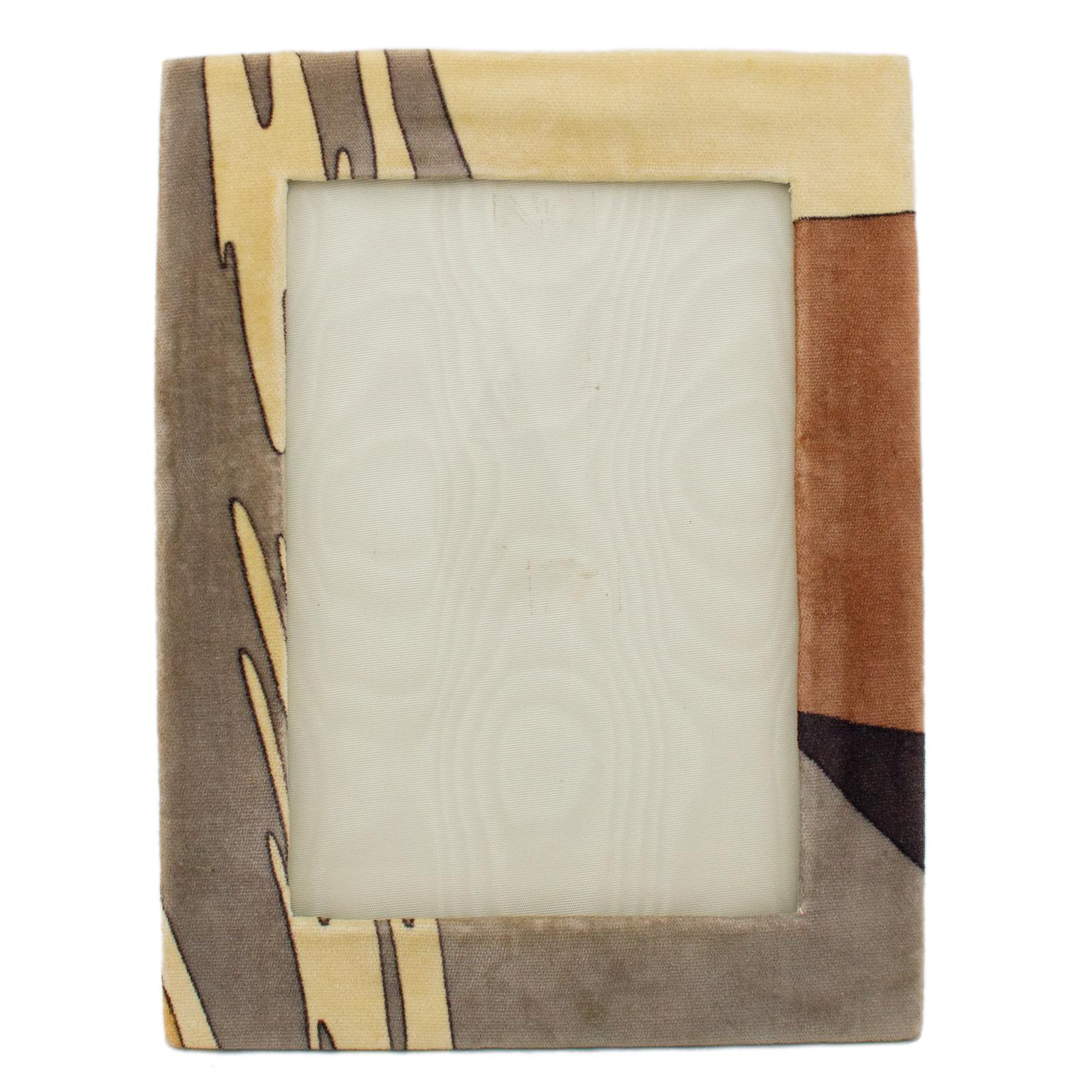 Fabulous Bessi picture frame from with 1970s. Abstract grey, cream, black and brown velvet frame. Back is stunning cream silk moiré, which makes this frame lovely to look at from any angle. Glass to cover the photo. Signed on back. Made in Italy