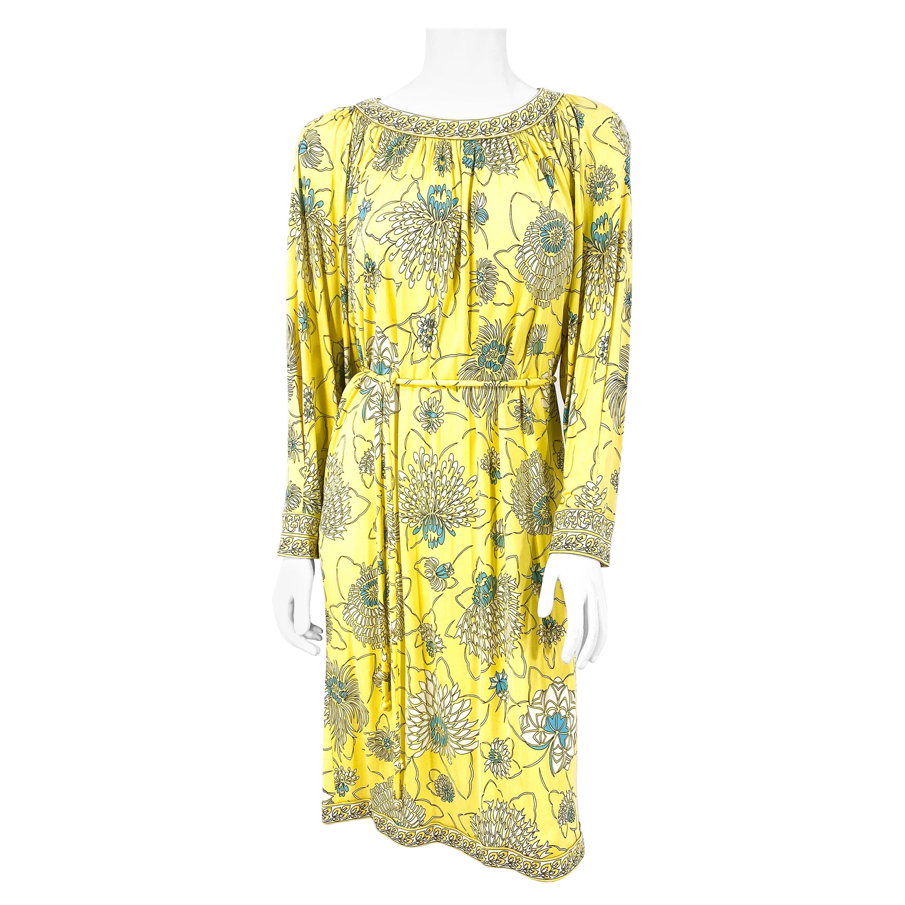1970s Bessi Yellow Printed Silk Jersey Dress For Sale