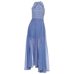 1970'S Baby Blue Bias Cut Cotton Voile & Eyelet Lace Maxi Dress