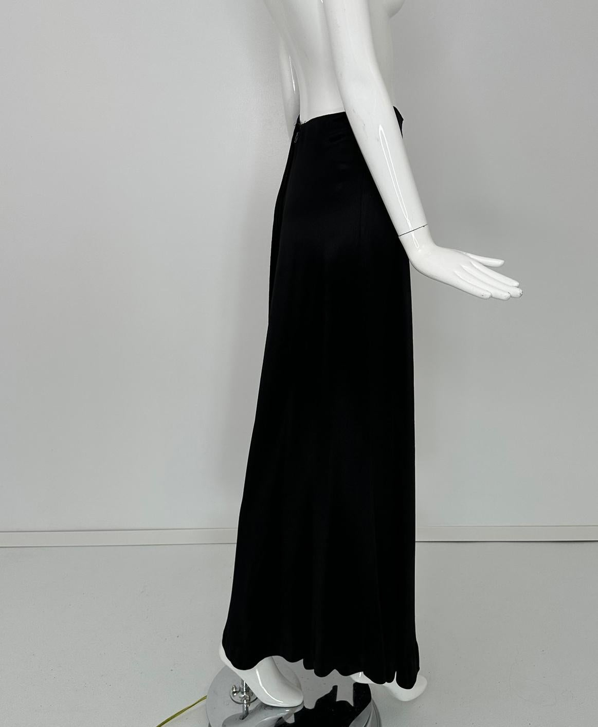1970s Bias Cut Black Crepe Back Satin Wide Leg Palazzo Pant  High Waist 9-10 For Sale 6