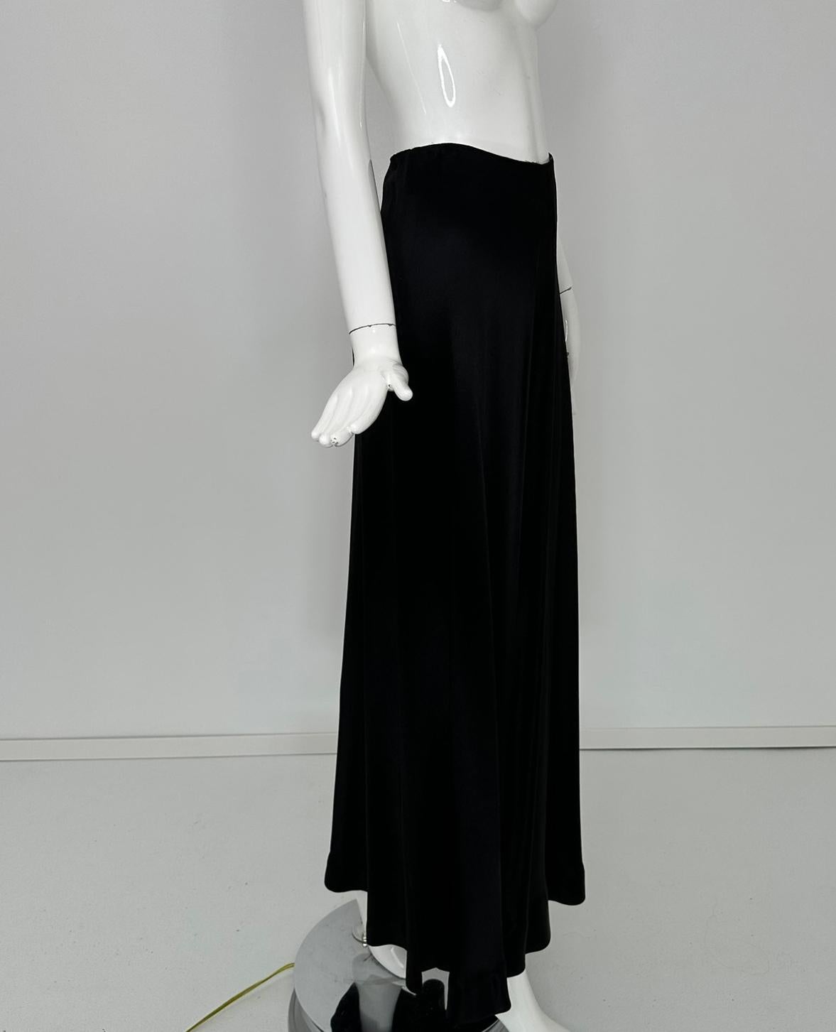 1970s Bias Cut Black Crepe Back Satin Wide Leg Palazzo Pant  High Waist 9-10 For Sale 7