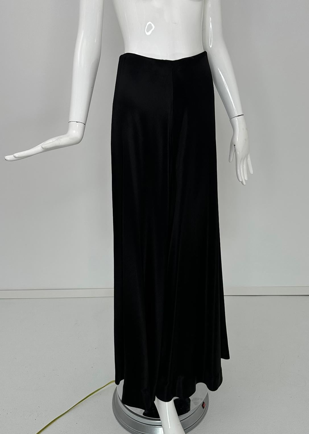 1970s Bias Cut Black Crepe Back Satin Wide Leg Palazzo Pant  High Waist 9-10 For Sale 8